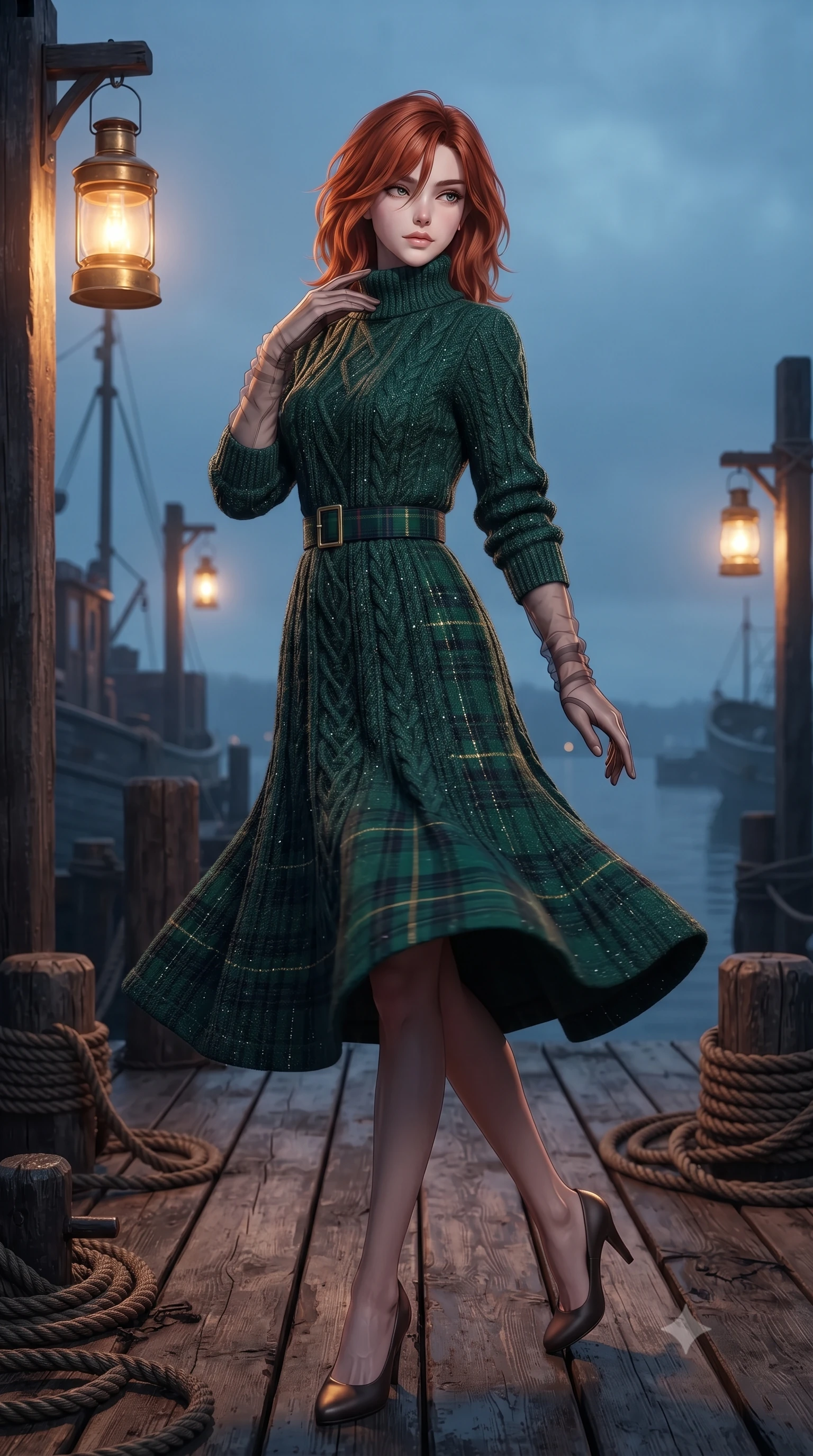 score_9, masterpiece, best quality, ultra-detailed, high-budget anime keyframe, editorial fashion photography, tasteful artistic composition, Korean woman. low angle full-body shot from head to toe showing her feet, filling the entire 9:16 vertical frame with her statuesque presence, stretching her vertical silhouette. executing a slow, graceful pivot turn as her skirt sways around her slender legs, glancing back with an enchanting, teasing sensual expression while sitting perched gracefully on the wooden dock with legs extended over still harbor waters, running one manicured hand slowly along her neck with magnetic poise. The surrounding environment is rendered in vivid detail and crisp panoramic clarity: sharp weathered ironwood deck grain, traditional ochre oil paint cracks, and rustic hemp rope coils in deep focus. She has an exceptionally tall and slender model-like 8.5-heads proportion, an ultra-slim waist, a flat toned midriff, narrow delicate ribcage, and beautifully sculpted feminine hips creating a graceful, slim hourglass silhouette without any bulky heaviness, with impossibly long slender legs. sharp v-shaped jawline, high-bridge nose, intricate jewel-like sparkling eyes with depth, thick eyelashes, glossy parted lips with a natural peach sheen, bright cheerful beaming smile with an enchanting and coquettish sensual glint, exuding both youthful cute charm and seductive allure, flawlessly proportioned anatomical accuracy, strict slender model proportions, natural body alignment, perfectly sculpted long slender limbs, ultra-slim waistline, clean dynamic posture without body distortion. wearing an elegant high-collar Nordic merino wool cable-knit sweater dress with belted waistline in Balmoral royal tartan emerald and gilded brass, woven from structured British tweed with subtle metallic flecks, complemented by sheer opera-length evening gloves tracing her slender arms, the bespoke structured tailoring following the natural line of her 8.5-heads silhouette with refined elegance. bathed in the warm 2300K glow of vintage brass dock lanterns contrasted with cool Arctic evening sky. ultra-reflective glossy finish, specular highlights, rich textural contrasts, high-contrast stereoscopic depth, volumetric dynamic lighting, 2k, ultra detail, master piece, 9:16 ratio