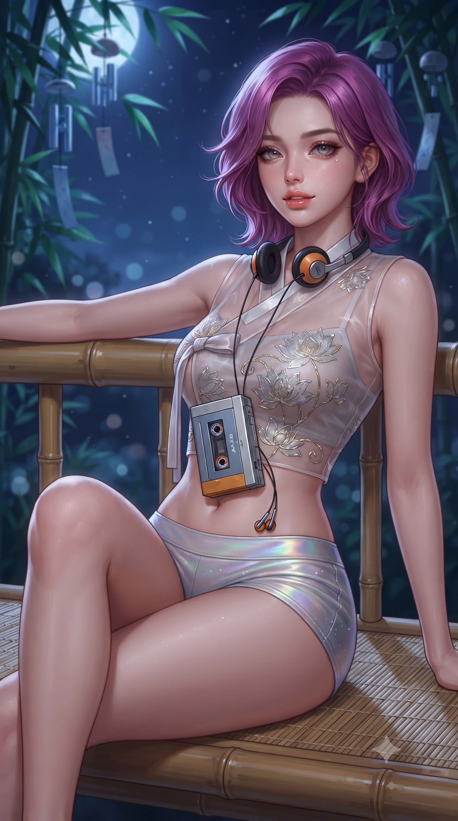 score_9, masterpiece, best quality, ultra-detailed, high-budget anime keyframe, editorial fashion photography, tasteful artistic composition, Caucasian woman. close-up cowboy shot from the waist and thighs up, the character dominates the composition, filling the frame with her large presence. perched sideways on the lounge seat, one knee drawn up to showcase her slender leg line while her arched back accentuates her feminine hip curve while leaning back against the smooth bamboo balustrade with relaxed allure, casting an intoxicating, heavy-lidded bedroom-gaze toward the camera. The background shows a soft-focus swaying emerald bamboo leaves, wind chimes, and deep indigo night sky blurred into seafoam, charcoal, and silver bokeh. She has an exceptionally elegant, slender, and willowy female figure with an ultra-slim waist, flat toned midriff, narrow ribcage, and sculpted feminine hips creating an alluring, slim hourglass silhouette without bulk. sharp v-shaped jawline, high-bridge nose, sparkling eyes with hypnotic seductive depth, thick curled eyelashes, glossy parted lips with a natural dewy peach sheen, alluring bedroom-eyes with an enchanting coquettish smile, exuding magnetic siren charisma and sophisticated glamour, flawlessly proportioned anatomical accuracy, strict slender model proportions, natural body alignment, perfectly sculpted long slender limbs, ultra-slim waistline, clean dynamic posture without body distortion. wearing a form-contouring sheer organza hanbok bodice with delicate lotus embroidery paired with low-rise silk hot-pants in iridescent mother-of-pearl and misty lavender, woven from stretch metallic lurex jersey casting radiant starlight glints across her silhouette, complemented by a retro cassette walkman with vintage foam-padded orange headphones, the glove-like clinging cut tightly following the natural contour of her hips and long slender legs with youthful 8.5-heads elegance. bathed in cool moonlight filtering delicately through the dense bamboo canopy. ultra-reflective glossy finish, specular highlights, rich textural contrasts, high-contrast stereoscopic depth, volumetric dynamic lighting, 2k, ultra detail, master piece, 9:16 ratio