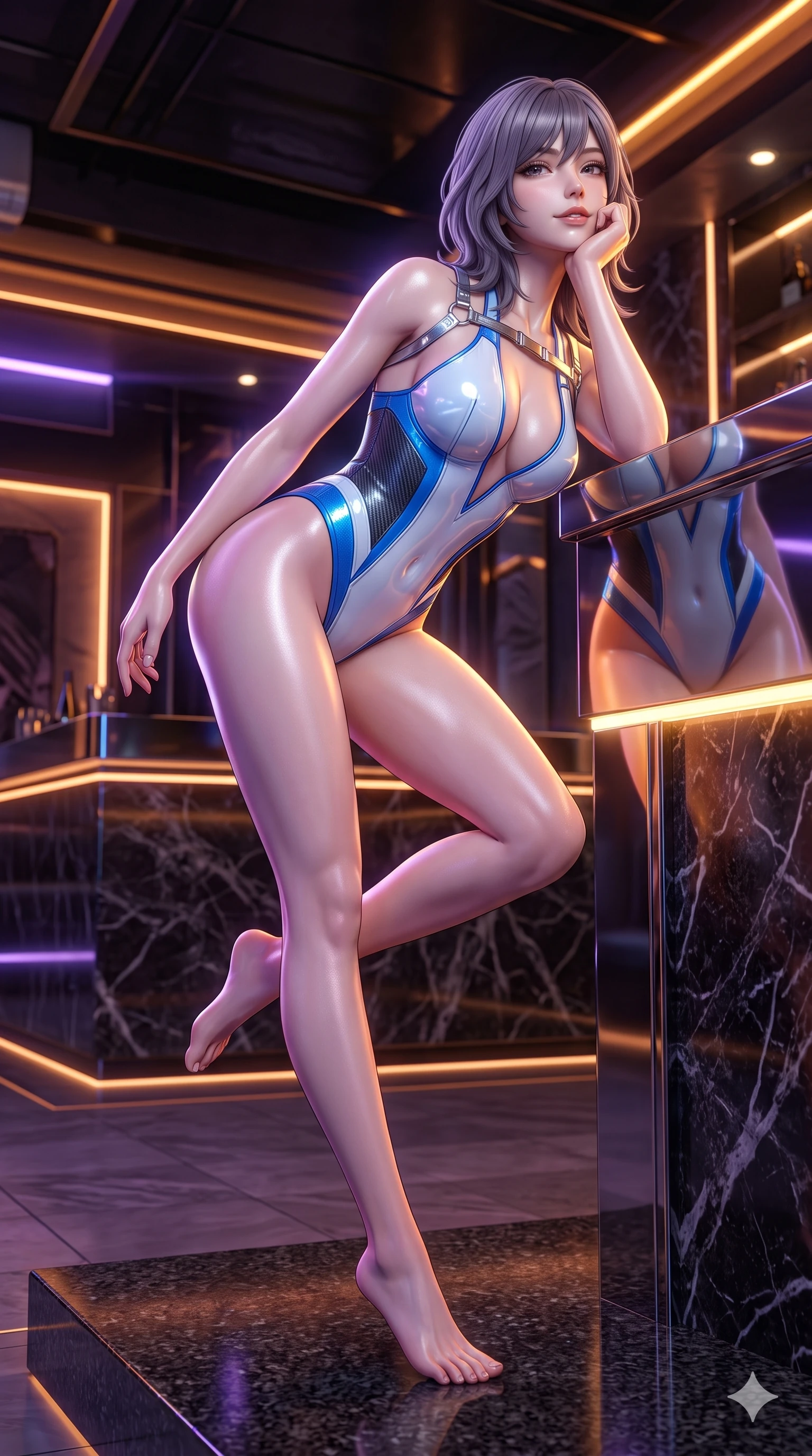 score_9, masterpiece, best quality, ultra-detailed, high-budget anime keyframe, semi-realistic 3D game render, editorial fashion photography, tasteful artistic composition, Japanese woman. low angle full-body shot from head to toe showing her feet, filling the entire 9:16 vertical frame with her statuesque presence, stretching her vertical silhouette. sitting poised on the polished granite dais with one knee bent, arching her spine with supermodel elegance as she glances upward through thick eyelashes while leaning against the mirror-polished counter with hips cocked back, resting her chin on one hand while casting an alluring bedroom-gaze into the camera. The surrounding environment is rendered in vivid detail and crisp panoramic clarity: detailed vinyl crop top tailoring, delicate strap hardware, and luxurious underground lounge interior in razor-sharp precision. She has an absolutely perfect, statuesque 8.5-heads proportion, an exceptionally tall and slender model-like female figure with impossibly long slender legs, an ultra-slim waist, a flat toned midriff, narrow delicate ribcage, and beautifully sculpted feminine hips creating a graceful, slim hourglass silhouette without any bulky heaviness. sharp v-shaped jawline, high-bridge nose, intricate jewel-like sparkling eyes with depth, thick eyelashes, glossy parted lips with a natural sheen, bright confident smile with an enchanting and coquettish sensual glint, exuding both youthful magnetic charm and sovereign high-tech allure, flawlessly proportioned anatomical accuracy, strict slender model proportions, natural body alignment, perfectly sculpted long slender limbs, ultra-slim waistline, clean dynamic posture without body distortion. wearing a glossy vinyl and carbon-fiber hybrid bodysuit with a plunging neckline and high-cut leg openings in arctic snowflake white and electric plasma blue, made of flexible bullet-resistant ballistic microfiber with high-tensile strength, accented with a chrome-drop body harness subtly framing her dewy collarbones and spine, the high-slit tactical tailoring accentuating her ultra-slim waistline and the enchanting curve of her feminine hips with alluring seductive charm. illuminated by counter surface bounce and sharp amber-violet rim lights sculpting her razor-sharp jawline, narrow waist, and curvy hips. highly saturated vibrant anime colors, detailed shading with soft gradients, rich glossy textures, high-contrast stereoscopic depth, volumetric dynamic lighting, master piece, 9:16 ratio