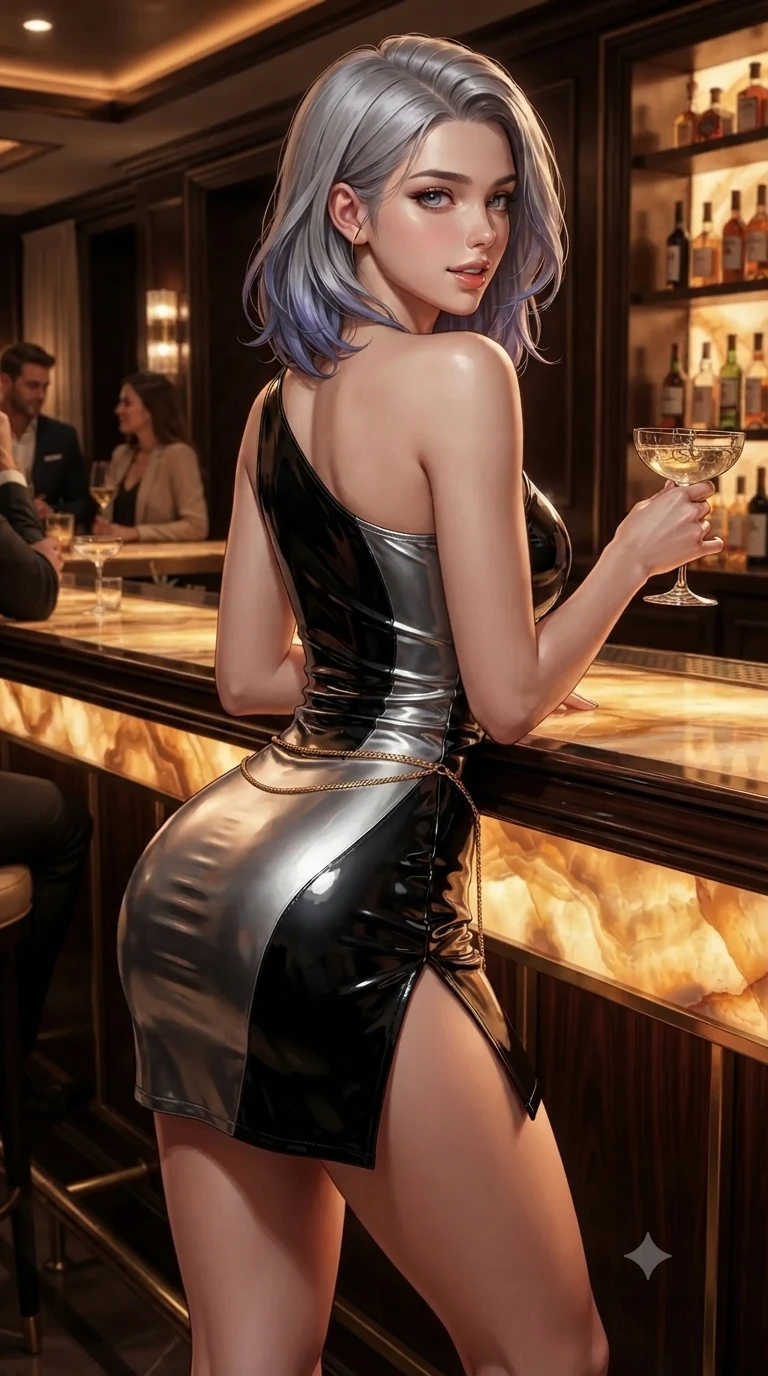 score_9, masterpiece, best quality, ultra-detailed, high-budget anime keyframe, editorial fashion photography, tasteful artistic composition, Caucasian woman. close-up cowboy shot from the waist and thighs up, the character dominates the composition, filling the frame with her large presence. posing in an alluring rear three-quarter angle, turning over a bare shoulder with an intoxicating, smoldering gaze, her hips cocked back to highlight her slim hourglass curve while leaning forward against the polished bar with hips cocked back, holding a champagne coupe with sovereign high-society charm. The surrounding environment is rendered in vivid detail and crisp panoramic clarity: detailed cowl-neck silk satin slip dress drape, liquid fabric sheen, and luxury interior craftsmanship in razor-sharp precision. She has an exceptionally elegant, slender, and willowy female figure with an ultra-slim waist, flat toned midriff, narrow ribcage, and sculpted feminine hips creating an alluring, slim hourglass silhouette without bulk. sharp v-shaped jawline, high-bridge nose, intricate jewel-like dark sparkling eyes with dangerous depth, thick curled eyelashes, glossy parted lips with a rich wine sheen, smoldering seductive half-smile with bedroom-eyes, exuding effortless superiority and intoxicating dark allure, flawlessly proportioned anatomical accuracy, strict slender model proportions, natural body alignment, perfectly sculpted long slender limbs, ultra-slim waistline, clean dynamic posture without body distortion. wearing an asymmetric one-shoulder metallic patent leather mini dress with a dramatic side slit hugging her hips in metallic liquid silver and pitch black, crafted from wet-look high-gloss vinyl fabric with dazzling specular surface reflections, finished with a delicate gold snake chain belt resting loosely across her curvy hips, the glove-like silhouette tightly following the natural contour of her hips and long slender legs with youthful 8.5-heads elegance. bathed in the luminous, warm amber glow of backlit honey onyx counter casting flattering underlights. ultra-reflective glossy finish, specular highlights, rich textural contrasts, high-contrast stereoscopic depth, volumetric dynamic lighting, 2k, ultra detail, master piece, 9:16 ratio