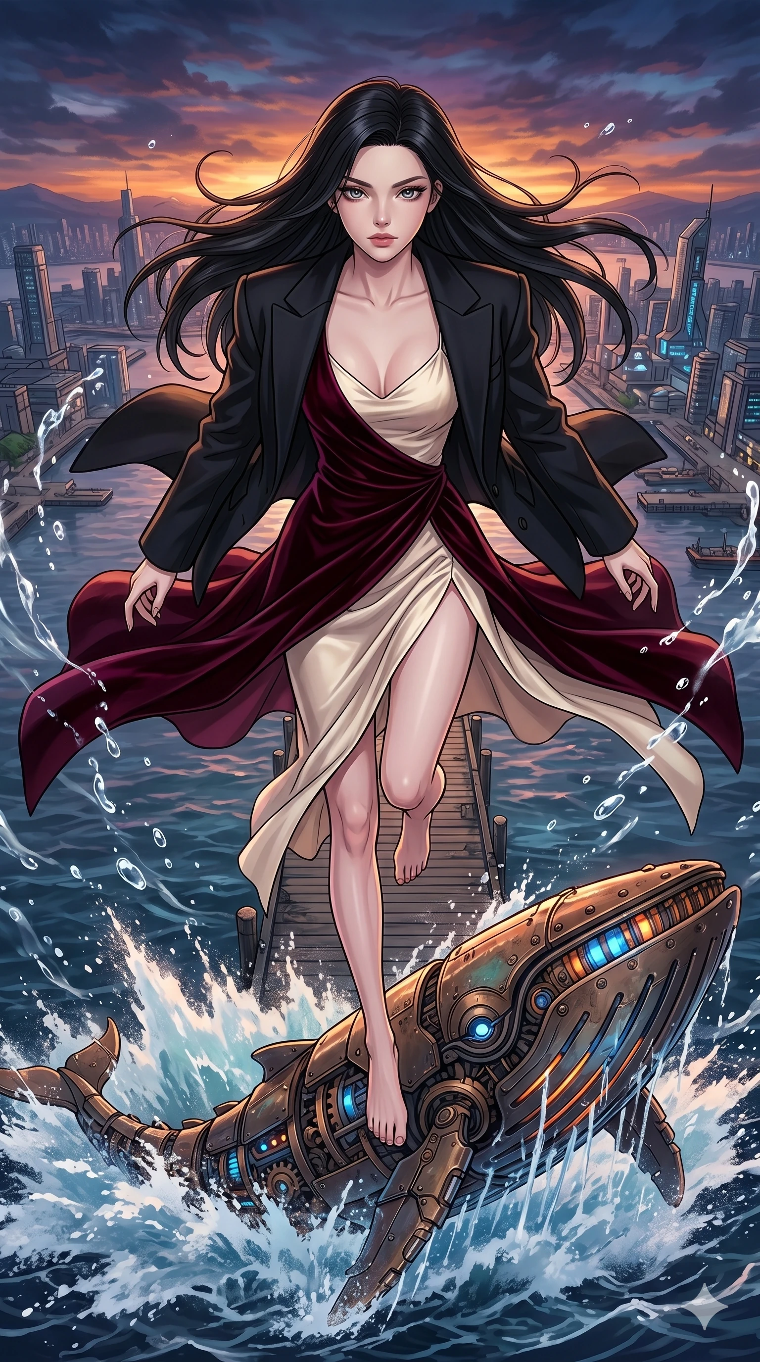 score_9, masterpiece, best quality, ultra-detailed, high-budget anime movie keyframe, cinematic anime lighting, intricate line art, Caucasian (strictly human ears) woman. Extreme high angle shot as she leaps towards the camera, filling the frame. gliding across a pier as a mechanical whale breaches the water. She has an absolutely perfect 8-heads proportion, an exceptionally tall and slender female figure with an ultra-slim waist and impossibly long slender legs. strictly human anatomy, two legs only, no extra limbs, clearly defined legs and arms, perfect anatomy, perfect hands and fingers. sharp v-shaped jawline, high-bridge nose, intricate jewel-like eyes, thick eyelashes, glossy lips. Wearing High-Fashion Editorial: Silk slip dress with high side slit, backless velvet gown, and structured blazer with nothing underneath. The scene is illuminated by dramatic atmospheric lighting and vibrant color palettes. , 2k, ultra detail, master piece, 9:16 ratio