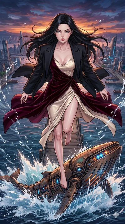 score_9, masterpiece, best quality, ultra-detailed, high-budget anime movie keyframe, cinematic anime lighting, intricate line art, Caucasian (strictly human ears) woman. Extreme high angle shot as she leaps towards the camera, filling the frame. gli