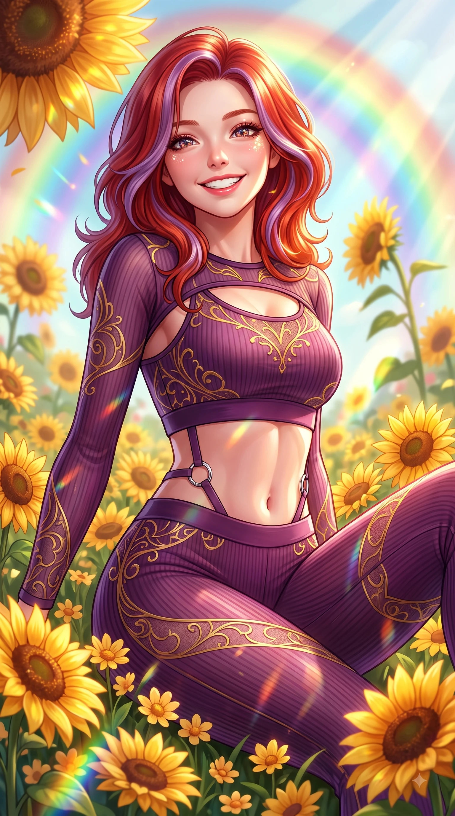 score_9, masterpiece, best quality, ultra-detailed, high-budget anime keyframe, editorial fashion photography, tasteful artistic composition, Caucasian woman. close-up cowboy shot from the waist and thighs up, the character dominates the composition, filling the frame with her large presence, background elements kept in soft focus. Tilting her chin up with a beaming smile of pure delight while balancing dynamically amidst the scene while resting playfully among golden blossoms as warm sunbeams illuminate her sparkling eyes, vivid golden sunflowers swaying in a gentle spring breeze under a radiant rainbow arc. She has an exceptionally elegant, slender, and willowy female figure with an ultra-slim waist, a gracefully sculpted slender torso, and a refined silhouette. sharp v-shaped jawline, high-bridge nose, intricate jewel-like eyes with depth, thick eyelashes, glossy lips with a natural sheen, flawlessly proportioned anatomical accuracy, natural body alignment, perfectly sculpted elegant limbs, clean dynamic posture without body distortion. wearing a form-fitting ribbed activewear set with elegant collar cutouts in plum purple and gold filigree, woven from fine semi-opaque sheer organza, accented with delicate chrome ring hardware framing her waist, the sleek second-skin texture accentuating her magnetic presence. illuminated by dazzling rainbow refractions and bright, cheerful ambient sky glow. highly saturated vibrant anime colors, detailed shading with soft gradients, rich glossy textures, high-contrast stereoscopic depth, volumetric dynamic lighting, master piece, 9:16 ratio