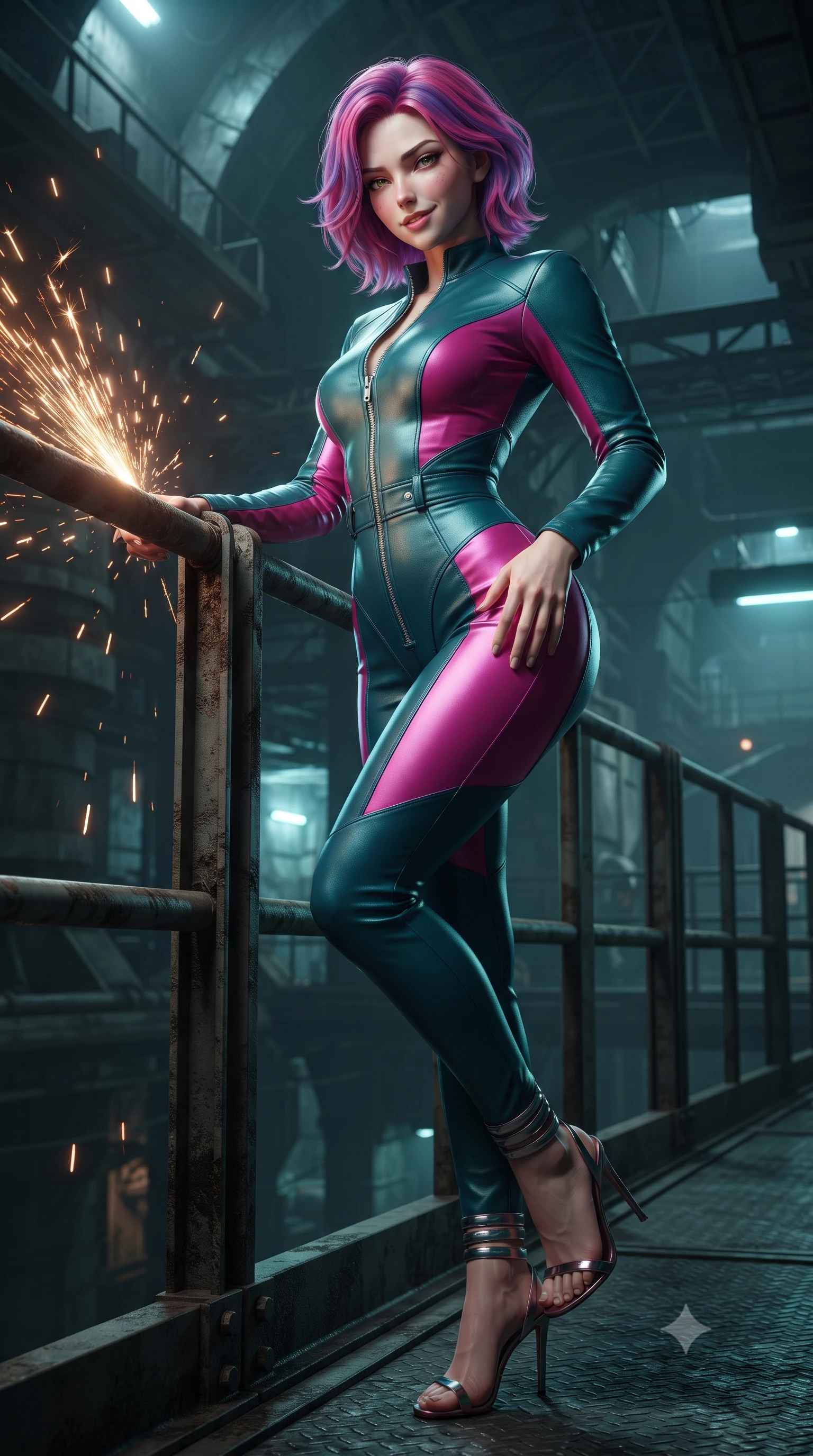 score_9, masterpiece, best quality, ultra-detailed, high-budget anime keyframe, editorial fashion photography, tasteful artistic composition, Caucasian woman. close-up cowboy shot from the waist and thighs up, the character dominates the composition, filling the frame with her large presence. tilting her head with a teasing half-smile, running one hand slowly down the side of her hip in a flirtatious S-curve as ambient light caresses her silhouette while leaning against the heavy reinforced steel railing with hips cocked back, looking through shower of magnetic track sparks with intoxicating bedroom-eyes. The surrounding environment is rendered in vivid detail and crisp panoramic clarity: detailed garment construction, tactical leather sheen, and monumental subterranean infrastructure in high resolution. She has an exceptionally elegant, slender, and willowy female figure with an ultra-slim waist, flat toned midriff, narrow ribcage, and sculpted feminine hips creating an alluring, slim hourglass silhouette without bulk. sharp v-shaped jawline, high-bridge nose, intricate jewel-like sparkling eyes with depth, thick eyelashes, glossy parted lips with a natural peach sheen, bright cheerful beaming smile with an enchanting and coquettish sensual glint, exuding both youthful cute charm and seductive allure, flawlessly proportioned anatomical accuracy, strict slender model proportions, natural body alignment, perfectly sculpted long slender limbs, ultra-slim waistline, clean dynamic posture without body distortion. wearing a sculpted tactical lambskin leather catsuit with seamless paneling and silver zipper hardware accentuating her flat midriff and curvy hips in Kowloon neon magenta and electric teal, crafted from fluid liquid silk satin that clings smoothly to her narrow waist and rounded hips with a dewy sheen, complemented by strappy stiletto sandals with metallic ankle wraps accentuating her slender calves, the impeccably tailored cut draping gracefully along her slender figure with aristocratic poise. illuminated by steel catwalk reflection bounce and sharp electric-cyan rim lights sculpting her jawline, narrow waist, and curvy hips. ultra-reflective glossy finish, specular highlights, rich textural contrasts, high-contrast stereoscopic depth, volumetric dynamic lighting, 2k, ultra detail, master piece, 9:16 ratio