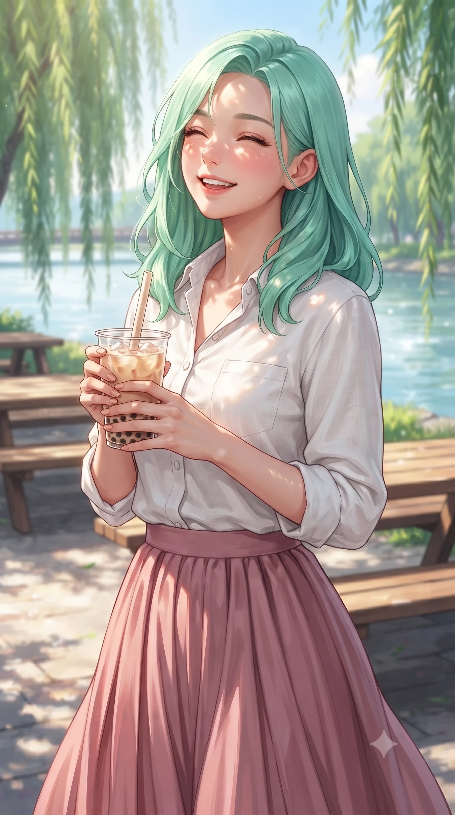score_9, masterpiece, best quality, ultra-detailed, high-budget anime keyframe, editorial fashion photography, tasteful artistic composition, Japanese woman. close-up cowboy shot from the waist and thighs up, the character dominates the composition, filling the frame with her large presence, background elements kept in soft focus. smiling happily with closed eyes, enjoying the warm sunbeams on her face set against a soft-focus background of at a riverside picnic area with wooden tables under weeping willow trees holding a glass of iced bubble tea with a cheerful expression. She has an exceptionally elegant, slender, and willowy female figure with an ultra-slim waist, a gracefully sculpted slender torso, and a refined silhouette. sharp v-shaped jawline, high-bridge nose, intricate jewel-like eyes with depth, thick eyelashes, glossy lips with a natural sheen. wearing slim-fit casual linen button-down shirt in white, paired with a flowy pleated skirt in dusty pink. bright daylight reflecting off the water, casting shifting ripples on her skin. highly saturated vibrant anime colors, detailed shading with soft gradients, rich glossy textures, high-contrast stereoscopic depth, volumetric dynamic lighting, master piece, 9:16 ratio