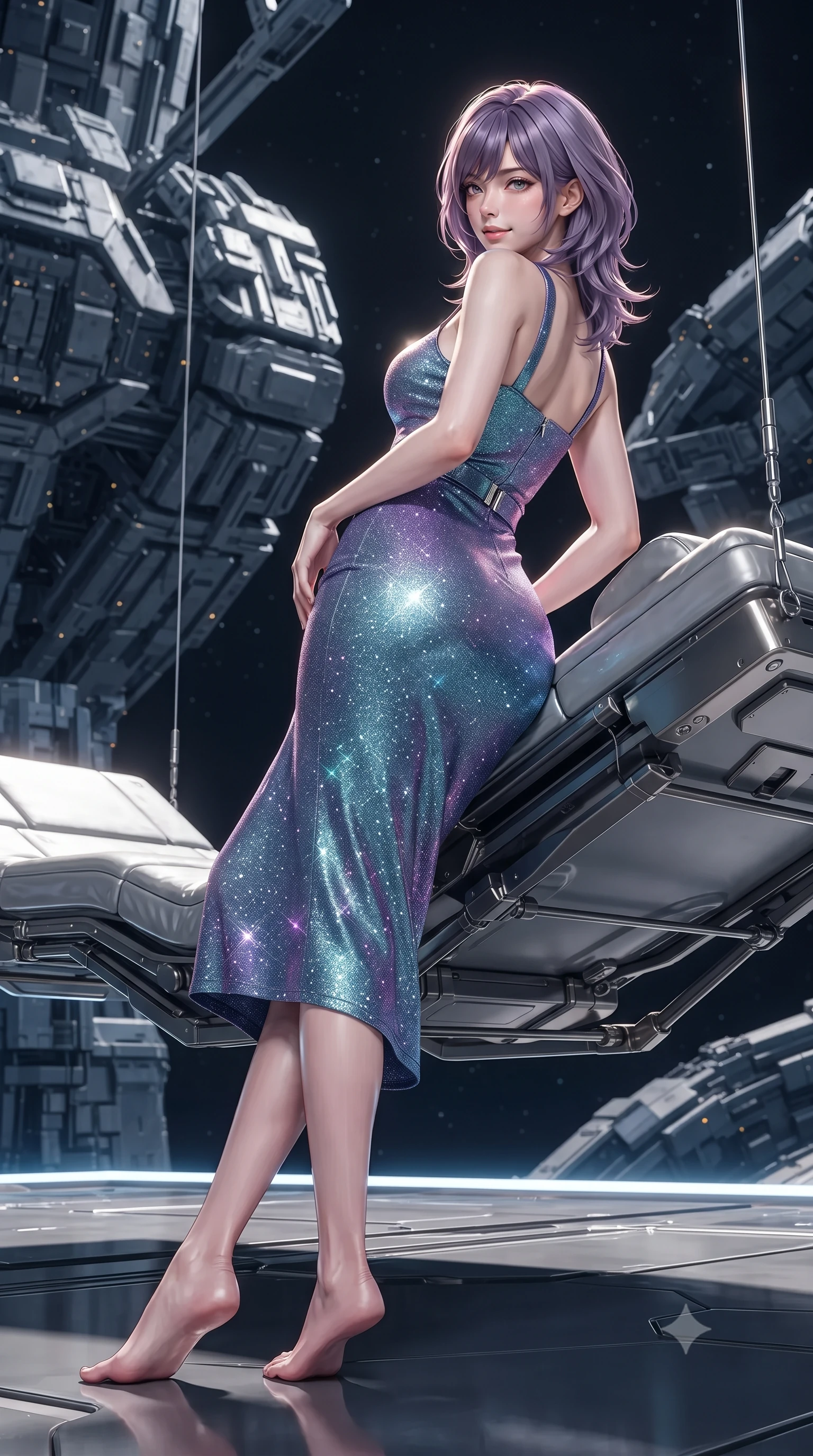 score_9, masterpiece, best quality, ultra-detailed, high-budget anime keyframe, editorial fashion photography, tasteful artistic composition, Japanese woman. low angle full-body shot from head to toe showing her feet, filling the entire 9:16 vertical frame with her statuesque presence, stretching her vertical silhouette. executing a slow, graceful pivot turn as her skirt sways around her slender legs, glancing back with an enchanting, teasing sensual expression while reclining gracefully across the suspended zero-gravity magnetic daybed with legs extended, displaying her long slender limbs and statuesque hourglass silhouette against the sun. The surrounding environment is rendered in vivid detail and crisp panoramic clarity: detailed haute-couture texture, sleek metallic sheen, and colossal deep-space engineering in razor-sharp precision. She has an exceptionally tall and slender model-like 8.5-heads proportion, an ultra-slim waist, a flat toned midriff, narrow delicate ribcage, and beautifully sculpted feminine hips creating a graceful, slim hourglass silhouette without any bulky heaviness, with impossibly long slender legs. sharp v-shaped jawline, high-bridge nose, intricate jewel-like sparkling eyes with depth, thick eyelashes, glossy parted lips with a natural peach sheen, bright cheerful beaming smile with an enchanting and coquettish sensual glint, exuding both youthful cute charm and seductive allure, flawlessly proportioned anatomical accuracy, strict slender model proportions, natural body alignment, perfectly sculpted long slender limbs, ultra-slim waistline, clean dynamic posture without body distortion. wearing a body-contouring metallic lurex knit midi dress casting radiant starlight shimmer across her flat midriff in Cheonggyecheon neon aqua and ultraviolet amethyst, woven from stretch metallic lurex jersey casting radiant starlight glints across her curves, finished with sleek magnetic buckle closures fluttering in the breeze, the impeccably tailored cut draping gracefully along her slender figure with aristocratic poise. illuminated by floor panel reflection bounce and intense solar-gold rim lights defining her razor-sharp jawline, narrow waist, and curvy hips. ultra-reflective glossy finish, specular highlights, rich textural contrasts, high-contrast stereoscopic depth, volumetric dynamic lighting, 2k, ultra detail, master piece, 9:16 ratio