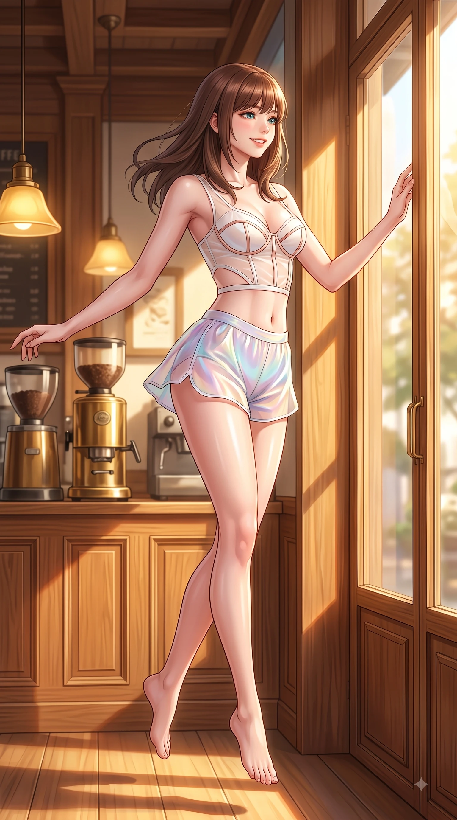 score_9, masterpiece, best quality, ultra-detailed, high-budget anime keyframe, editorial fashion photography, tasteful artistic composition, Korean woman. low angle full-body shot from head to toe showing her feet, filling the entire 9:16 vertical frame with her statuesque presence, stretching her vertical silhouette. performing a cheerful mid-air rotation with flawless poise, her radiant smile capturing fresh college girlhood energy while looking out a large glass window with a tender cute smile as golden afternoon light streams in, warm oak wood interior and brass coffee machines reflecting soft golden ambient lamps. She has an absolutely perfect, statuesque 8.5-heads proportion, an exceptionally tall and slender model-like female figure with impossibly long slender legs and an ultra-slim waist. sharp v-shaped jawline, high-bridge nose, intricate jewel-like eyes with depth, thick eyelashes, glossy lips with a natural sheen, flawlessly proportioned anatomical accuracy, natural body alignment, perfectly sculpted elegant limbs, clean dynamic posture without body distortion. wearing a delicate see-through mesh top with structured cup boning and micro-shorts in pearl white and rose gold, crafted from iridescent chiffon that shifts colors in the light, featuring subtle geometric cutouts that highlight her ultra-slim midriff, the elegant draped fit framing her graceful clavicle and slender torso. bathed in warm golden sunlight streaming through clean glass cafe windows. highly saturated vibrant anime colors, detailed shading with soft gradients, rich glossy textures, high-contrast stereoscopic depth, volumetric dynamic lighting, master piece, 9:16 ratio