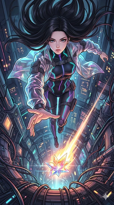 score_9, masterpiece, best quality, ultra-detailed, high-budget anime movie keyframe, cinematic anime lighting, intricate line art, Japanese woman. Extreme high angle shot as she leaps towards the camera, filling the frame. reaching for a falling sta