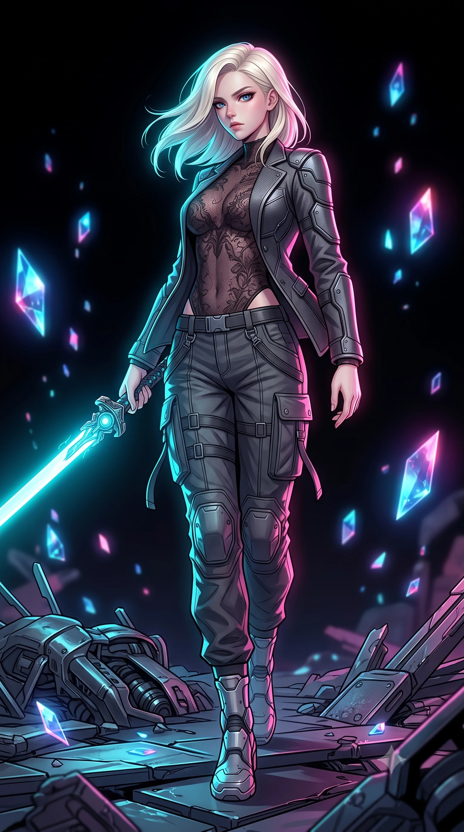 score_9, masterpiece, best quality, ultra-detailed, high-budget anime keyframe, editorial fashion photography, tasteful artistic composition, Caucasian woman. low angle full-body shot from head to toe showing her feet, filling the entire 9:16 vertical frame with her statuesque presence, stretching her vertical silhouette. stepping gracefully through battlefield debris with a glowing saber hilt in hand, looking back over her shoulder, the background shows a soft-focus a digital combat arena with glowing data-shards floating in a pitch-black void. She has an absolutely perfect, statuesque 8.5-heads proportion, an exceptionally tall and slender model-like female figure with impossibly long slender legs and an ultra-slim waist. sharp v-shaped jawline, high-bridge nose, intricate jewel-like eyes with depth, thick eyelashes, glossy lips with a natural sheen. wearing a slim-fit semi-opaque dark lace bodysuit worn under a tailored open carbon-plated blazer and cargo pants. the vibrant light of the data-shards casting a colorful, dramatic rim light. highly saturated vibrant anime colors, detailed shading with soft gradients, rich glossy textures, high-contrast stereoscopic depth, volumetric dynamic lighting, master piece, 9:16 ratio