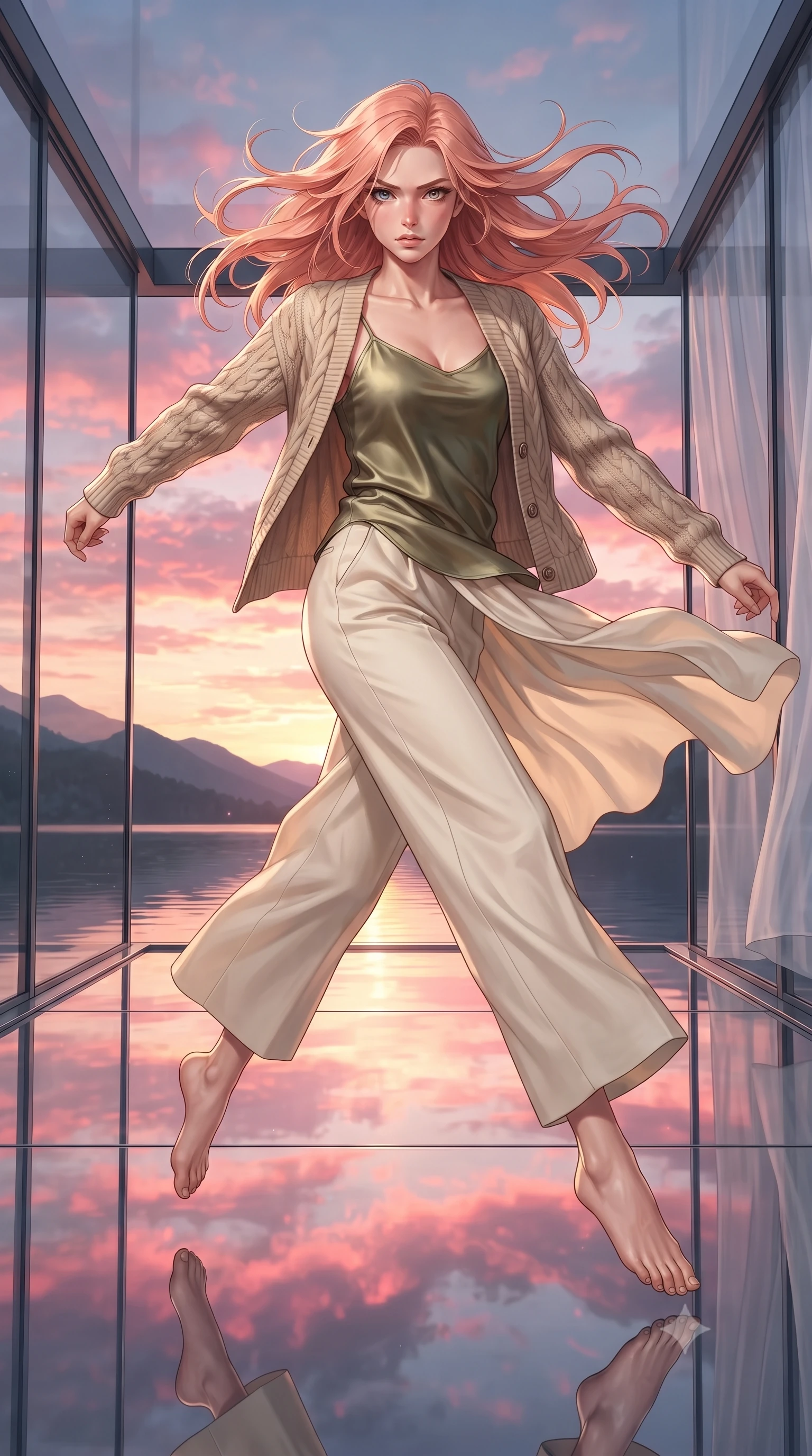 score_9, masterpiece, best quality, ultra-detailed, high-budget anime keyframe, editorial fashion photography, tasteful artistic composition, realistic cosplay photography, Japanese woman. low angle full-body shot from head to toe showing her feet, filling the entire 9:16 vertical frame with her statuesque presence, stretching her vertical silhouette. leaping dynamically high in the air while slicing forward with wind-whipped hair through a glass pavilion hovering over a mountain lake at sunset, the floor reflecting the pink sunset clouds. She has a statuesque 8.5-heads proportion, an exceptionally tall, slender and willowy model-like build with impossibly long legs and a highly sculpted ultra-slim waist. sharp v-shaped jawline, high-bridge nose, intricate jewel-like eyes with depth, thick eyelashes, glossy lips with a natural sheen. wearing the lightweight fabric rippling and billowing dramatically with her movement, a slim-fit cozy beige cable-knit cardigan over an olive green silk slip top and cream-colored wide-leg pants. cold silver moonlight filtered through translucent gossamer curtains casting delicate shadows. ultra-reflective glossy finish, specular highlights, metallic sheen, high-contrast stereoscopic depth, volumetric dynamic lighting, 2k, ultra detail, master piece, 9:16 ratio