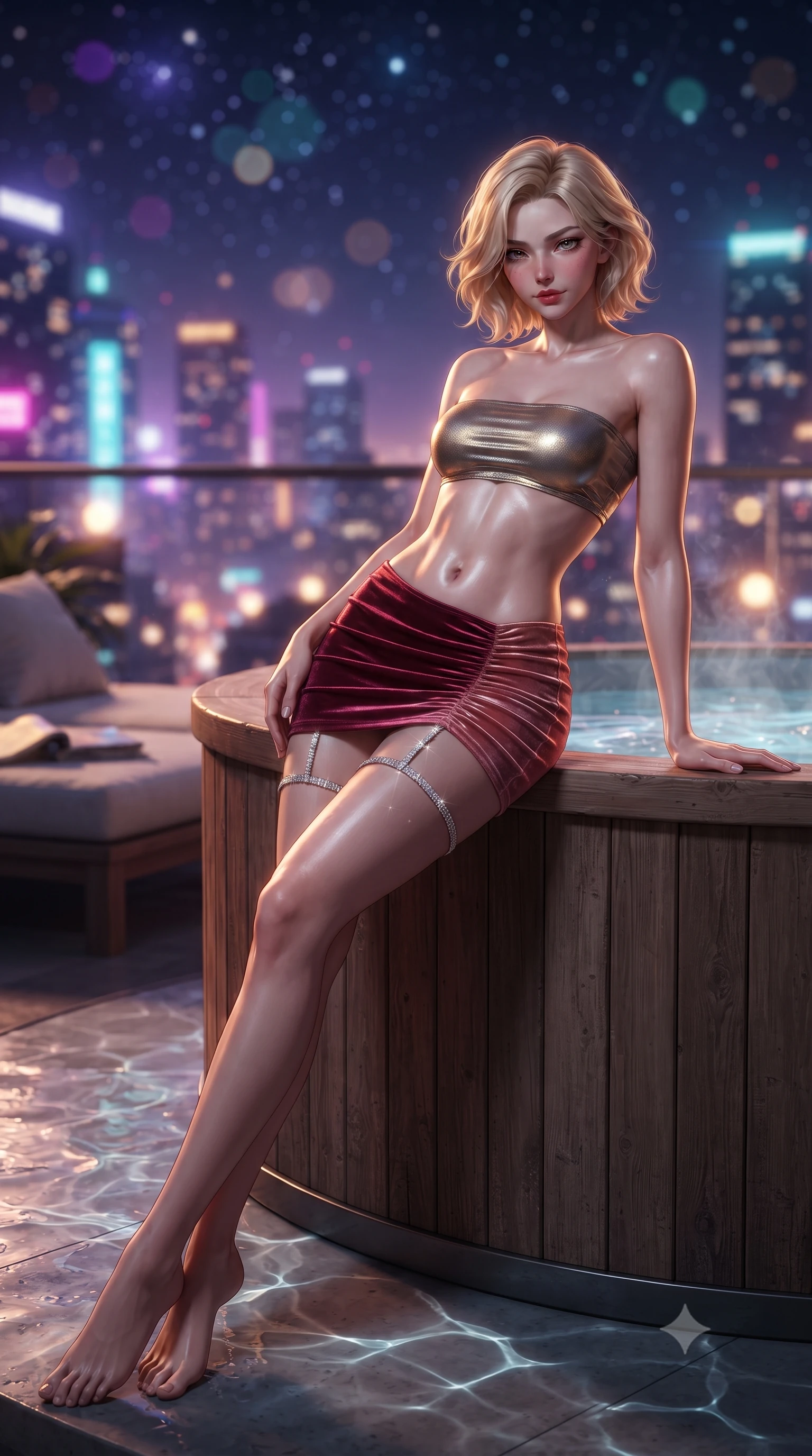 score_9, masterpiece, best quality, ultra-detailed, high-budget anime keyframe, editorial fashion photography, tasteful artistic composition, Caucasian woman. low angle full-body shot from head to toe showing her feet, filling the entire 9:16 vertical frame with her statuesque presence, stretching her vertical silhouette. lounging on the lavish poolside daybed with legs crossed and hips angled toward the camera, displaying her toned midriff and long slender limbs with effortless siren poise while leaning against the rustic cedar tub rim with hips cocked back, looking into the lens with an intoxicating, smoldering half-smile. The background shows a soft-focus the sparkling tapestry of metropolitan city lights, neon signage, and starry night sky blurred into violet, amber, and aquamarine bokeh. She has an absolutely perfect, statuesque 8.5-heads proportion, an exceptionally tall and slender model-like female figure with impossibly long slender legs, an ultra-slim waist, a flat toned midriff, narrow delicate ribcage, and beautifully sculpted feminine hips creating a graceful, slim hourglass silhouette without any bulky heaviness. sharp v-shaped jawline, high-bridge nose, sparkling eyes with hypnotic seductive depth, thick curled eyelashes, glossy parted lips with a natural dewy peach sheen, alluring bedroom-eyes with an enchanting coquettish smile, exuding magnetic siren charisma and sophisticated high-fashion glamour, flawlessly proportioned anatomical accuracy, strict slender model proportions, natural body alignment, perfectly sculpted long slender limbs, ultra-slim waistline, clean dynamic posture without body distortion. wearing a liquid metallic lamé bandeau top paired with a curve-accentuating ruched low-rise mini skirt in smoldering crimson wine and deep rose-gold, tailored from ultra-plush velvet with rich tactile depth and deep shadow gradients, finished with delicate crystal-encrusted thigh garter straps glinting in the dim light, the second-skin tailored fabric adhering flawlessly to her sculpted flat midriff and slender torso, emphasizing her long leg lines and perfectly proportioned willowy build. illuminated by hot tub water caustics and sharp amber rim lighting sculpting her razor-sharp jawline, narrow waist, and curvy hips. ultra-reflective glossy finish, specular highlights, rich textural contrasts, high-contrast stereoscopic depth, volumetric dynamic lighting, 2k, ultra detail, master piece, 9:16 ratio