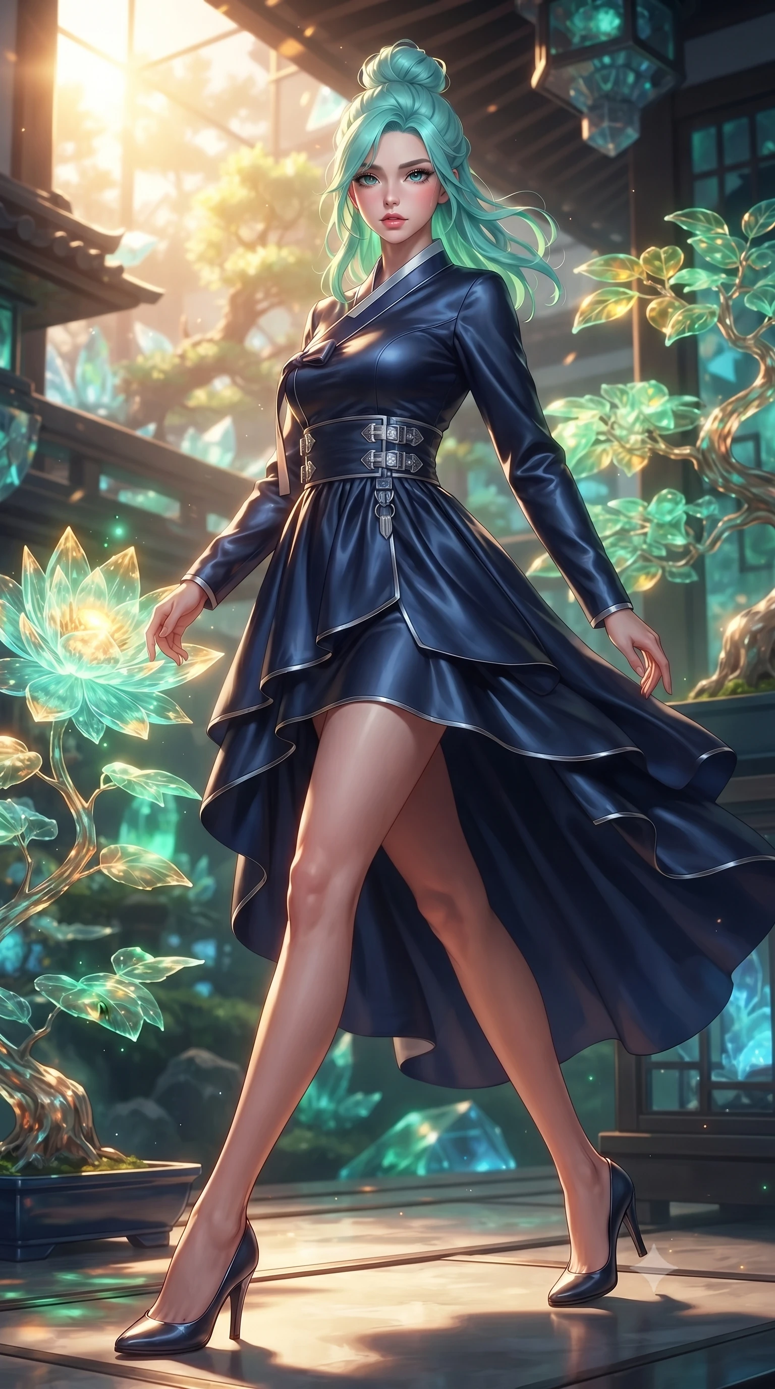 score_9, masterpiece, best quality, ultra-detailed, high-budget anime keyframe, editorial fashion photography, tasteful artistic composition, Japanese woman. low angle full-body shot from head to toe showing her feet, filling the entire 9:16 vertical frame with her statuesque presence, stretching her vertical silhouette. stepping forward in a proud dynamic stride, her vertical silhouette filling the frame with statuesque presence while pivoting dynamically near a solar-powered crystal blossom emitting warm ambient sunbursts, translucent glass bonsai leaves reflecting vibrant emerald and gold sunbursts. She has an absolutely perfect, statuesque 8.5-heads proportion, an exceptionally tall and slender model-like female figure with impossibly long slender legs and an ultra-slim waist. sharp v-shaped jawline, high-bridge nose, intricate jewel-like eyes with depth, thick eyelashes, glossy lips with a natural sheen, flawlessly proportioned anatomical accuracy, natural body alignment, perfectly sculpted elegant limbs, clean dynamic posture without body distortion. wearing a modern fusion silk hanbok dress with a structured bodice and flowing skirt in midnight navy blue and chrome trim, crafted from lustrous satin jersey with fluid draping, detailed with polished silver buckles along the waistline, the tailored fabric tightly following every curve of her athletic build. bathed in warm golden sunlight and soft emerald bioluminescent glow. ultra-reflective glossy finish, specular highlights, metallic sheen, high-contrast stereoscopic depth, volumetric dynamic lighting, 2k, ultra detail, master piece, 9:16 ratio