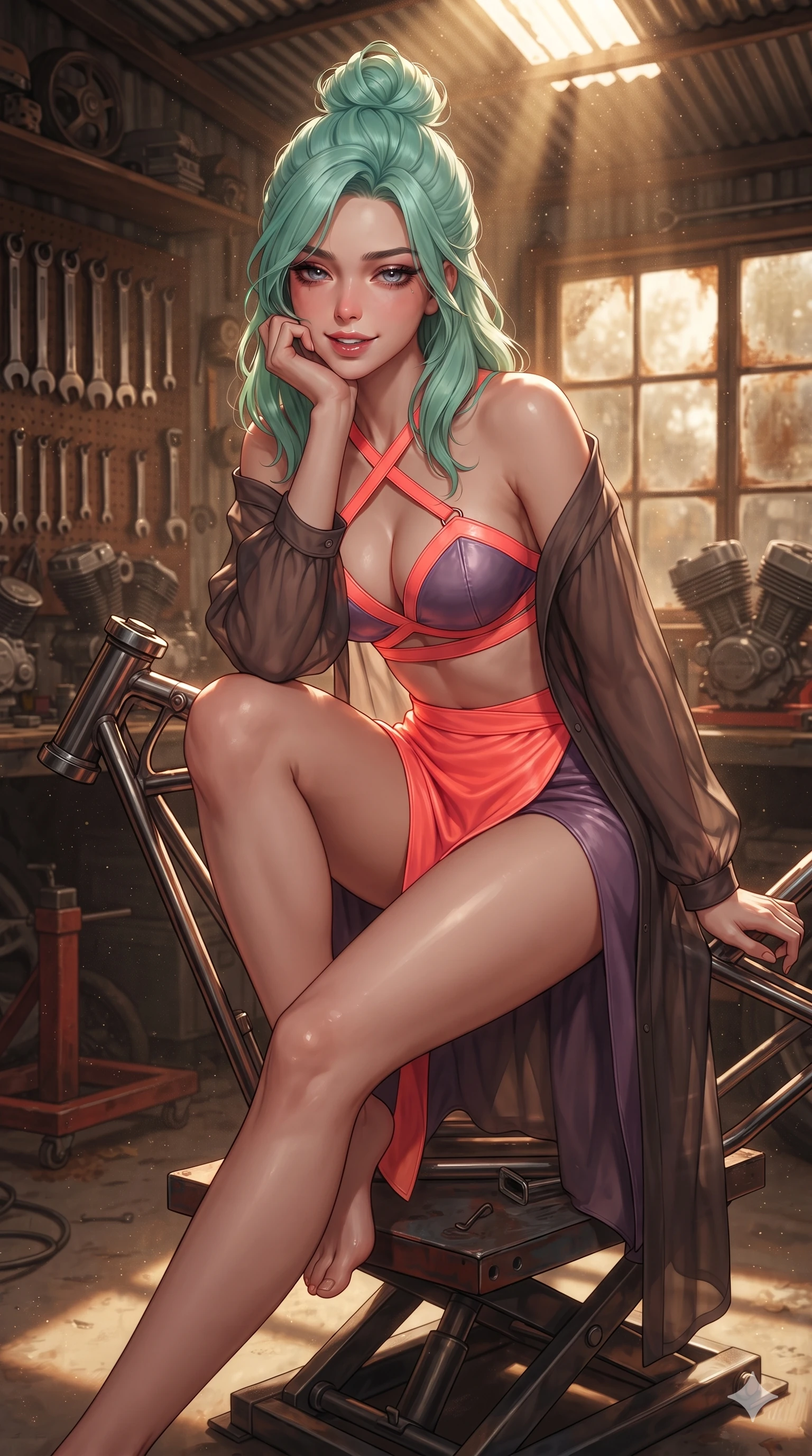 score_9, masterpiece, best quality, ultra-detailed, high-budget anime keyframe, editorial fashion photography, tasteful artistic composition, Japanese woman. close-up cowboy shot from the waist and thighs up, the character dominates the composition, filling the frame with her large presence. resting one elbow on the workbench and supporting her chin, leaning close to the camera with heavy-lidded sparkling eyes and parted lips while sitting perched on a custom motorcycle frame on a hydraulic lift with legs crossed, flashing a dangerous, captivating smile with parted glossy lips. The background shows a soft-focus hanging wrenches, motorcycle engine blocks on stands, and dusty window panes blurred into rust, brass, and golden ochre bokeh. She has an exceptionally elegant, slender, and willowy female figure with an ultra-slim waist, flat toned midriff, narrow ribcage, and sculpted feminine hips creating an alluring, slim hourglass silhouette without bulk. sharp v-shaped jawline, high-bridge nose, sparkling eyes with hypnotic seductive depth, thick curled eyelashes, glossy parted lips with a natural dewy peach sheen, alluring bedroom-eyes with an enchanting coquettish smile, exuding magnetic siren charisma and sophisticated glamour, flawlessly proportioned anatomical accuracy, strict slender model proportions, natural body alignment, perfectly sculpted long slender limbs, ultra-slim waistline, clean dynamic posture without body distortion. wearing a delicate sheer chiffon western duster robe slipping off bare shoulders over a matching strappy suede bralette in blazing neon coral and desert twilight violet, tailored from buttery-soft glove lambskin leather clinging smoothly to her narrow waist and rounded hips, featuring an open-back criss-cross harness strap in dark leather, the high-slit wrap tailoring accentuating her ultra-slim waistline and the enchanting curve of her feminine hips with alluring seductive charm. bathed in dramatic shafts of golden afternoon sunlight cutting through corrugated roof cracks and dusty air with intense chiaroscuro contrast. ultra-reflective glossy finish, specular highlights, rich textural contrasts, high-contrast stereoscopic depth, volumetric dynamic lighting, 2k, ultra detail, master piece, 9:16 ratio