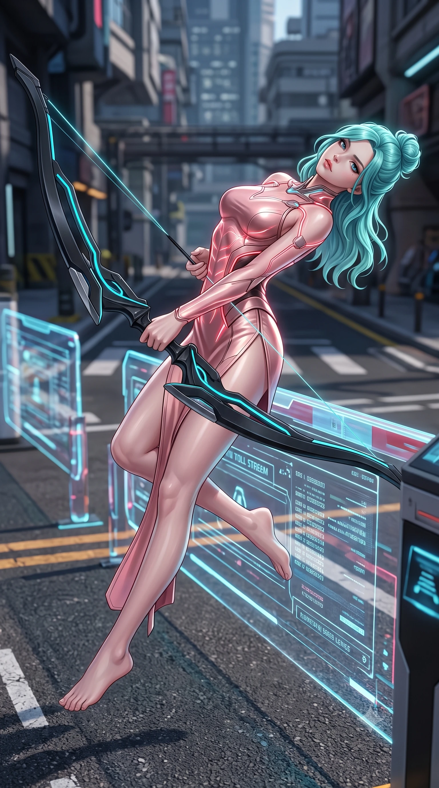 score_9, masterpiece, best quality, ultra-detailed, high-budget anime keyframe, semi-realistic 3D game render, editorial fashion photography, tasteful artistic composition, Japanese woman. low angle full-body shot from head to toe showing her feet, filling the entire 9:16 vertical frame with her statuesque presence, stretching her vertical silhouette. arching her spine in a fluid zero-gravity combat turn with sovereign grace, her long slender legs and sculpted torso creating a sweeping line of power while arching her spine in a fluid vault over a holographic toll barrier as crimson blade light traces her athletic torso. The surrounding environment is rendered in vivid detail and crisp panoramic clarity. razor-sharp glowing crimson blade edges, detailed carbon-weave armor textures, and asphalt markings in deep focus. She has an absolutely perfect, statuesque 8.5-heads proportion, an exceptionally tall and slender model-like female figure with impossibly long slender legs, a toned flat midriff, and an ultra-slim waist. sharp v-shaped jawline, high-bridge nose, intricate jewel-like eyes with depth, thick eyelashes, glossy lips with a natural sheen, flawlessly proportioned anatomical accuracy, strict slender model proportions, natural body alignment, perfectly sculpted long slender limbs, ultra-slim waistline, clean dynamic posture without body distortion. wearing a form-fitting luminous rose-gold carbon combat gown with tactical side slits, wielding a floating magnetic energy bow with celestial poise in matte obsidian carbon black with electric cyan conduits, made of lightweight aerodynamic carbon-titanium alloy with polished edge bevels, accented with glowing fiber-optic conduits tracing her collarbones and hip curves, the glove-like aerodynamic second-skin fit tightly clinging to her ultra-slender waist and athletic curves without adding bulk, accentuating her razor-sharp statuesque lines and slim hourglass silhouette. illuminated by sharp specular highlights tracing her ultra-slim waist, long legs, and sculpted armor plates. rich saturated anime colors with glowing neon highlights, detailed shading with soft gradients, rich glossy textures, high-contrast stereoscopic depth, volumetric dynamic lighting, master piece, 9:16 ratio