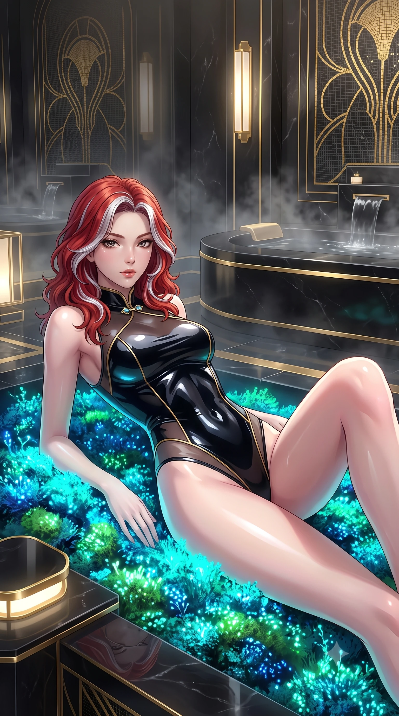 score_9, masterpiece, best quality, ultra-detailed, High-budget Anime Keyframe, Caucasian woman, strictly human ears. Low angle cowboy shot filling the entire 9:16 frame with her statuesque presence. Scenario 315: lying gracefully on a bed of bioluminescent moss inside a steam-filled bathhouse built of black obsidian stone and gold accents. Her presence is magnetic and overpowering in this high-budget anime scene. Outfit 315: a tailored patent leather second with a high-cut leg line and translucent layers. The clothing is designed to emphasize her exceptionally tall and slender 8-heads proportion. 8-heads proportion, towering silhouette, ultra-slim waist. sharp v-shaped jawline, intricate jewel-like eyes with depth, thick eyelashes, glossy lips. 2k, ultra detail, master piece, 9:16 ratio