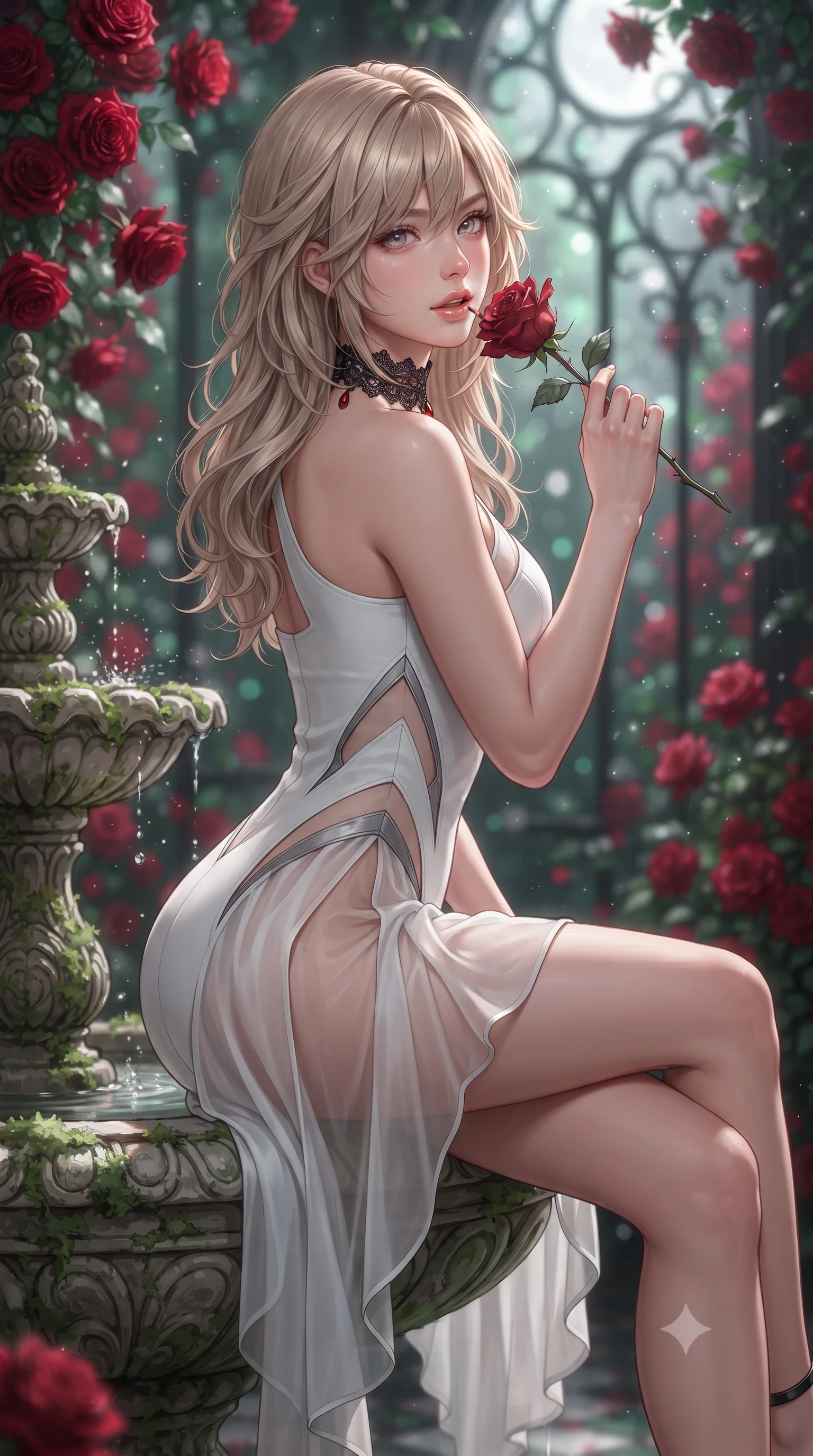 score_9, masterpiece, best quality, ultra-detailed, high-budget anime keyframe, editorial fashion photography, tasteful artistic composition, Japanese woman. close-up cowboy shot from the waist and thighs up, the character dominates the composition, filling the frame with her large presence. posing in an alluring rear three-quarter angle, looking over a bare shoulder with parted glossy lips, her hips cocked back to highlight her slim hourglass curve while sitting perched on the carved stone fountain rim with legs crossed, holding a thorny deep-red rose near her parted glossy lips. The background shows a soft-focus cascading clusters of velvety blood-red roses, wrought-iron traceries, and moonlit glass panes blurred into crimson, emerald, and silver bokeh. She has an exceptionally elegant, slender, and willowy female figure with an ultra-slim waist, flat toned midriff, narrow ribcage, and sculpted feminine hips creating an alluring, slim hourglass silhouette without bulk. sharp v-shaped jawline, high-bridge nose, sparkling eyes with hypnotic seductive depth, thick curled eyelashes, glossy parted lips with a natural dewy peach sheen, alluring bedroom-eyes with an enchanting coquettish smile, exuding magnetic siren charisma and sophisticated glamour, flawlessly proportioned anatomical accuracy, strict slender model proportions, natural body alignment, perfectly sculpted long slender limbs, ultra-slim waistline, clean dynamic posture without body distortion. wearing an asymmetric one-shoulder white neoprene mini dress with sharp laser-cut side openings framing her spine and hips in architectural titanium grey and pure milk white, made of sheer gossamer chiffon that drapes softly against skin with airy translucence, accented with an ornate black lace Victorian choker featuring a single blood-red teardrop garnet, the liquid-tight tailored fabric clinging flawlessly to her narrow waist and rounded feminine hips, emphasizing every millimeter of her sculpted slim hourglass curves without any bulky heaviness. bathed in pure lunar illumination streaming through glass panes mixed with deep red stained-glass refractions. ultra-reflective glossy finish, specular highlights, rich textural contrasts, high-contrast stereoscopic depth, volumetric dynamic lighting, 2k, ultra detail, master piece, 9:16 ratio