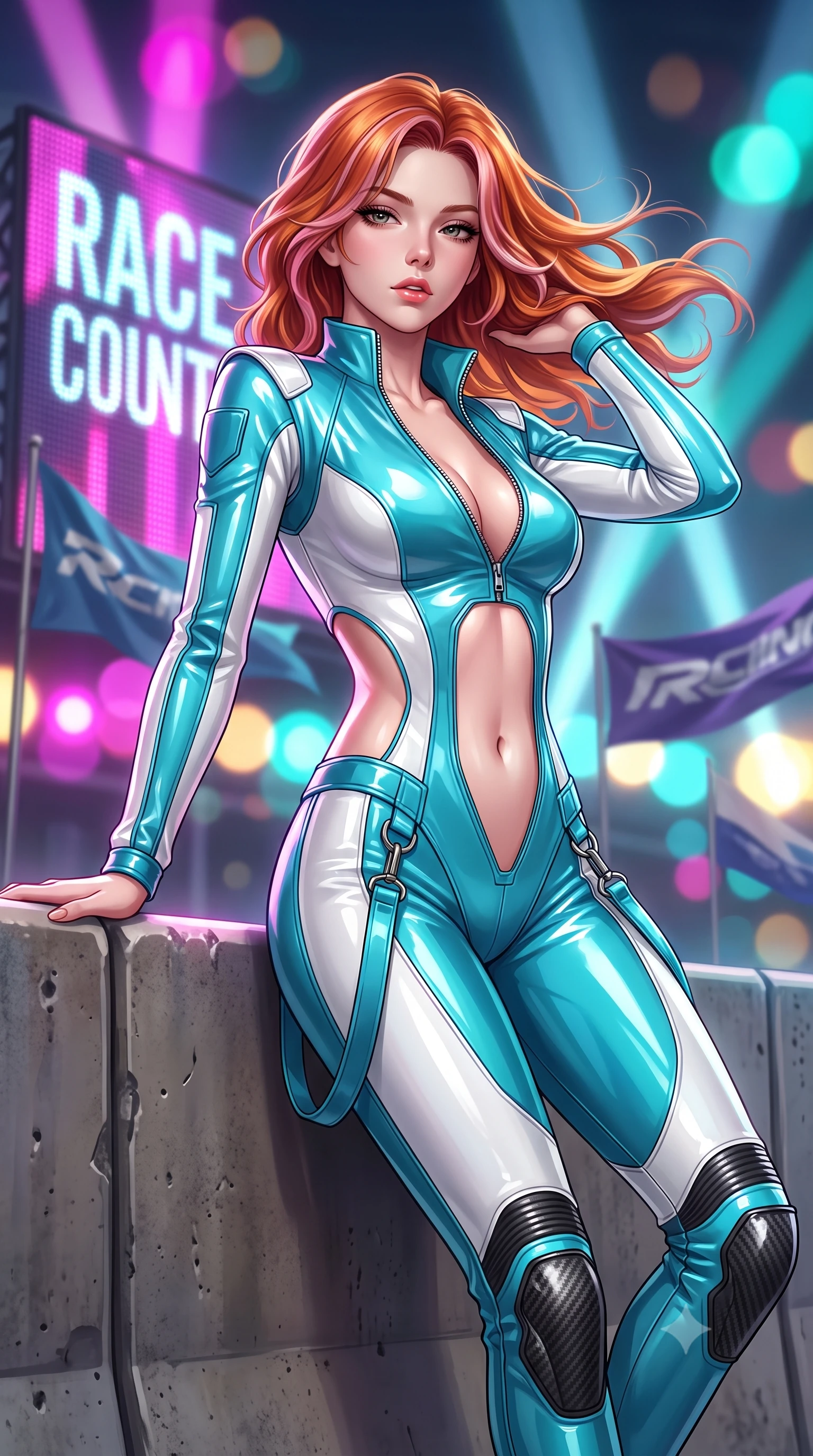 score_9, masterpiece, best quality, ultra-detailed, high-budget anime keyframe, semi-realistic 3D game render, editorial fashion photography, tasteful artistic composition, Caucasian woman. close-up cowboy shot from the waist and thighs up, the character dominates the composition, filling the frame with her large presence. leaning back with relaxed seductive grace, her sculpted collarbones highlighted by light, casting smoldering bedroom-eyes directly into the lens while leaning against a heavy track barrier, tossing her hair over one shoulder as wind whips the racing circuit banners. The composition keeps background elements in soft focus with creamy bokeh. giant LED jumbotron race countdown graphics and sweeping searchlights blurred into electric magenta, turquoise, and gold bokeh. She has an exceptionally elegant, slender, and willowy female figure with an ultra-slim waist, a gracefully sculpted slender torso, toned flat midriff, and a refined slim silhouette. sharp v-shaped jawline, high-bridge nose, intricate jewel-like eyes with depth, thick eyelashes, glossy parted lips with a natural sheen, intensely captivating and seductive expression, flawlessly proportioned anatomical accuracy, strict slender model proportions, natural body alignment, perfectly sculpted long slender limbs, ultra-slim waistline, clean dynamic posture without body distortion. wearing a high-gloss patent leather racing catsuit with an open front zipper and high stand collar in racing aqua blue and stark white, tailored from abrasion-resistant Kevlar weave with glossy protective panels, accented with hanging industrial clip straps and carbon fiber knee sliders, the precision-cut daring openings accentuating her delicate midriff, graceful bare collarbones, and ultra-slim feminine waistline. surrounded by an adrenaline-fueled, audacious, and wildly charismatic drift idol aura. highly saturated vibrant anime colors, detailed shading with soft gradients, rich glossy textures, high-contrast stereoscopic depth, volumetric dynamic lighting, master piece, 9:16 ratio