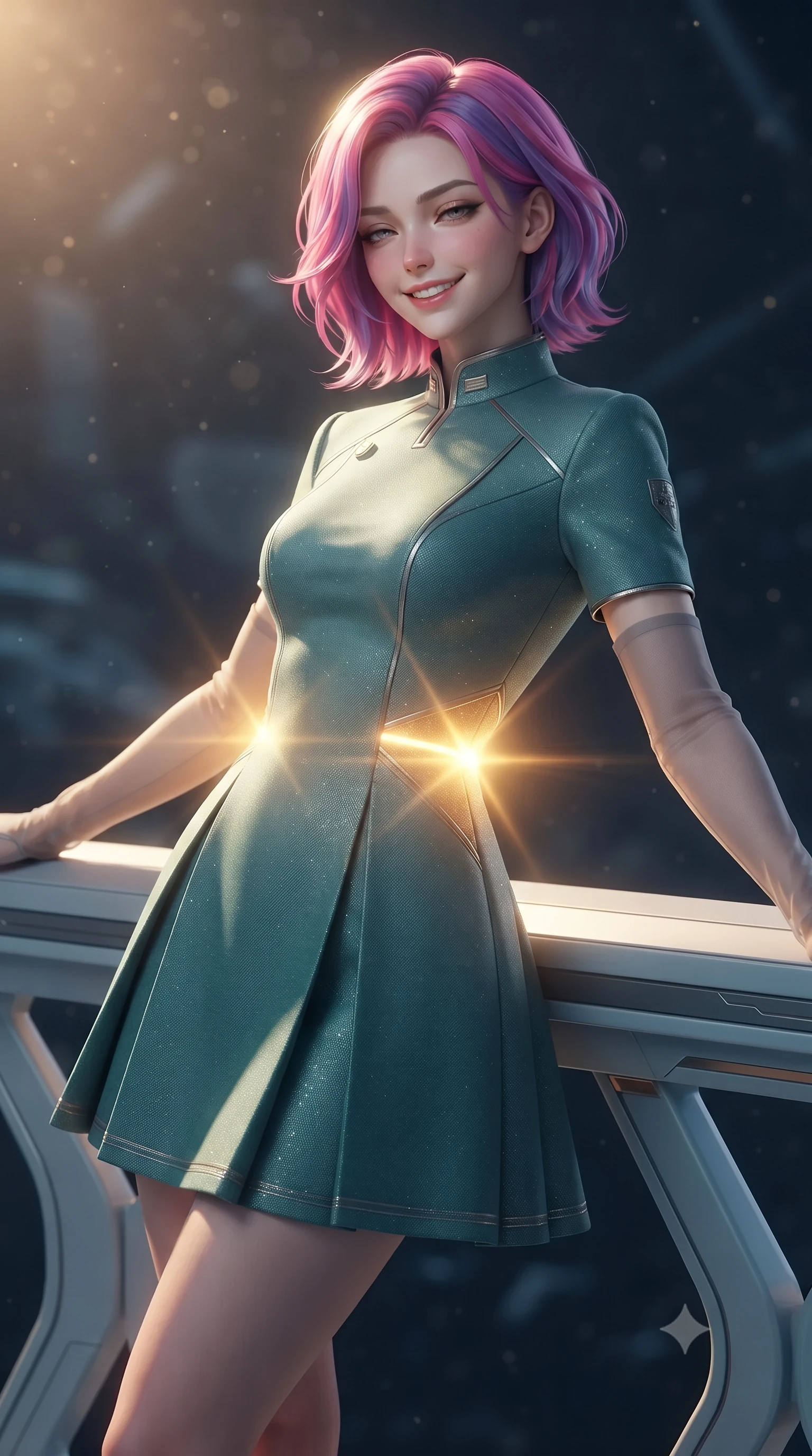 score_9, masterpiece, best quality, ultra-detailed, high-budget anime keyframe, editorial fashion photography, tasteful artistic composition, Caucasian woman. close-up cowboy shot from the waist and thighs up, the character dominates the composition, filling the frame with her large presence. leaning back against the balustrade with relaxed seductive grace, head tilted back slightly while casting a hypnotic, heavy-lidded gaze while twisting her slender torso in an alluring contrapposto stance, blinding solar flare coronas casting golden brilliance across her narrow waist and curvy hips. The background shows a soft-focus ambient atmospheric particulate glow softened in deep-space Dyson structure shallow focus. She has an exceptionally elegant, slender, and willowy female figure with an ultra-slim waist, flat toned midriff, narrow ribcage, and sculpted feminine hips creating an alluring, slim hourglass silhouette without bulk. sharp v-shaped jawline, high-bridge nose, intricate jewel-like sparkling eyes with depth, thick eyelashes, glossy parted lips with a natural peach sheen, bright cheerful beaming smile with an enchanting and coquettish sensual glint, exuding both youthful cute charm and seductive allure, flawlessly proportioned anatomical accuracy, strict slender model proportions, natural body alignment, perfectly sculpted long slender limbs, ultra-slim waistline, clean dynamic posture without body distortion. wearing a structured deep-space commander dress uniform with stand-up mandarin collar and pleated A-line skirt in polar aurora jade and starlight platinum, tailored from high-density tech-wool with subtle metallic thread weave, complemented by sheer opera-length evening gloves tracing her slender arms, the bespoke structured tailoring following the natural line of her 8.5-heads silhouette with refined elegance. bathed in the blinding warm golden 4000K solar radiance filtered through polarizing quantum smart-glass. ultra-reflective glossy finish, specular highlights, rich textural contrasts, high-contrast stereoscopic depth, volumetric dynamic lighting, 2k, ultra detail, master piece, 9:16 ratio