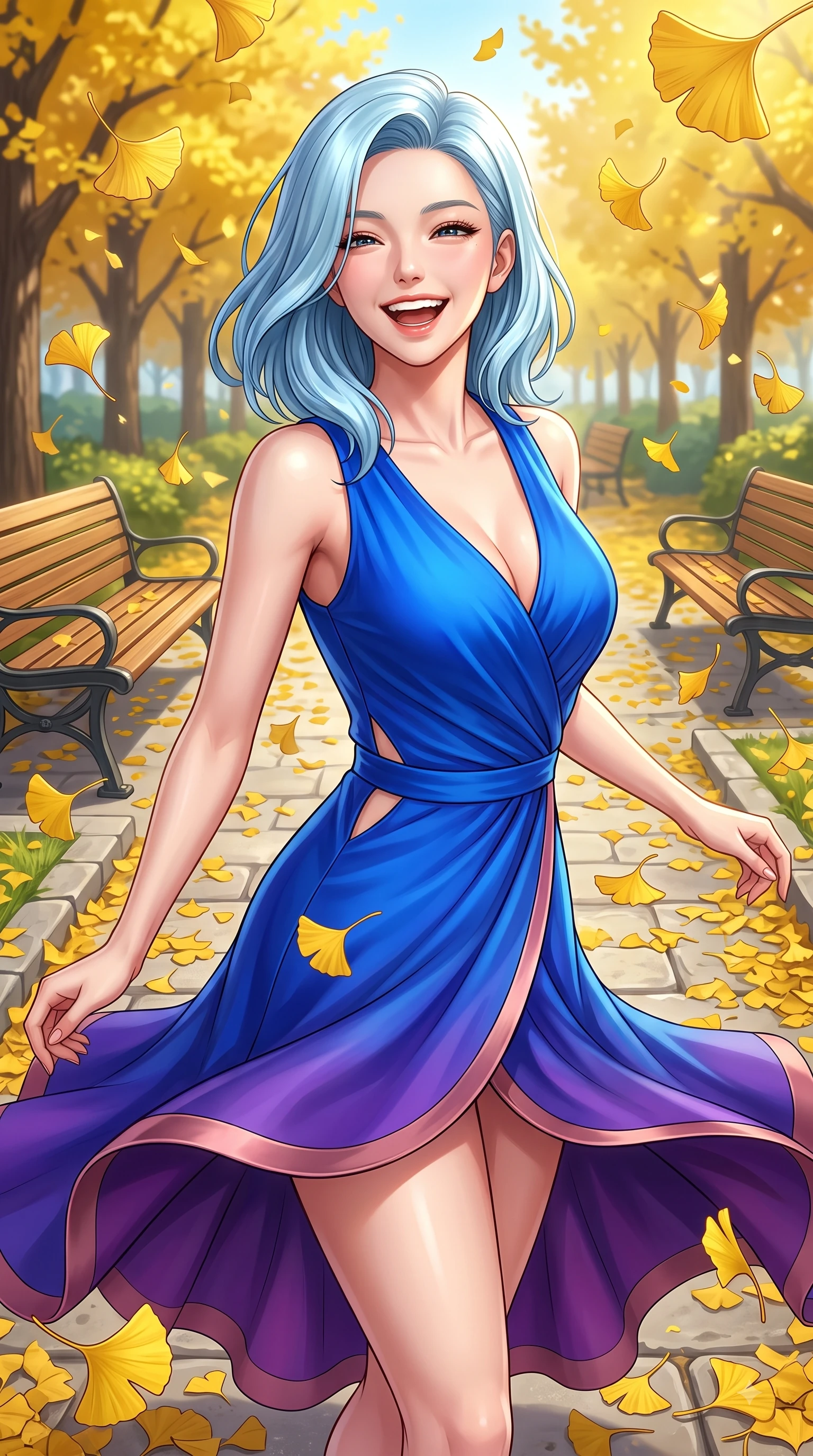 score_9, masterpiece, best quality, ultra-detailed, high-budget anime keyframe, editorial fashion photography, tasteful artistic composition, Korean woman. close-up cowboy shot from the waist and thighs up, the character dominates the composition, filling the frame with her large presence. Ecstatic joyful laughter with eyes crinkling in pure delight and vibrant energy filling her dynamic posture while pivoting gracefully as golden ginkgo leaves flutter down like gold rain around her. The surrounding environment is rendered in vivid detail and crisp panoramic clarity. intricate leaf vein textures, classic wooden park benches, and stone park paths in sharp resolution. She has an exceptionally elegant, slender, and willowy female figure with an ultra-slim waist, a gracefully sculpted slender torso, and a refined silhouette. sharp v-shaped jawline, high-bridge nose, intricate jewel-like eyes with depth, thick eyelashes, glossy lips with a natural sheen, flawlessly proportioned anatomical accuracy, natural body alignment, perfectly sculpted elegant limbs, clean dynamic posture without body distortion. wearing an electric cobalt blue silk wrap dress with a graceful flowing hem in deep amethyst purple and rose gold, crafted from soft breathable Italian linen, complemented by clean architectural seams and subtle cutouts, the sleek second-skin fit accentuating her magnetic presence. illuminated by bright glowing yellow ambient light and clear sky refractions. highly saturated vibrant anime colors, detailed shading with soft gradients, rich glossy textures, high-contrast stereoscopic depth, volumetric dynamic lighting, master piece, 9:16 ratio
