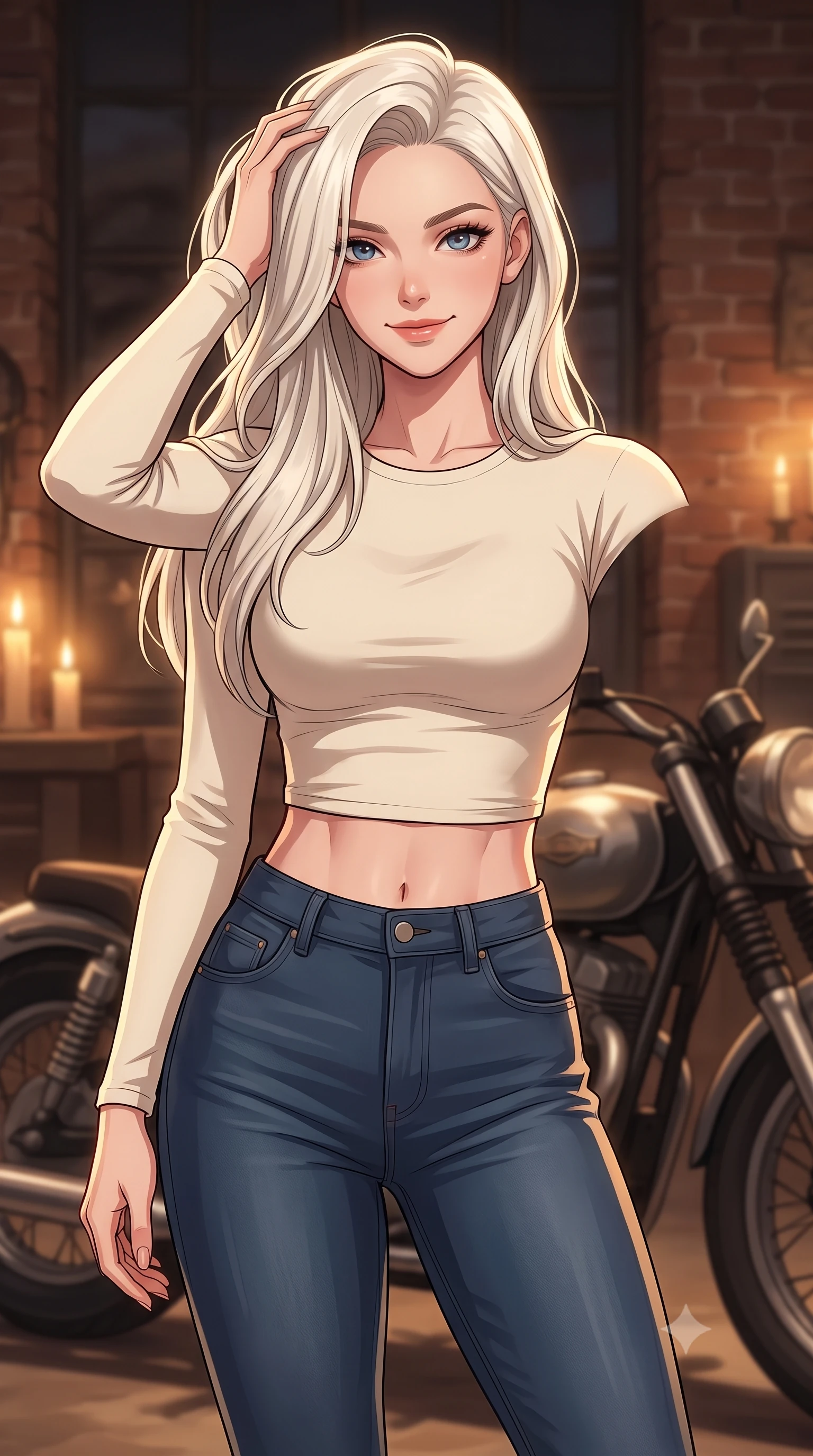 score_9, masterpiece, best quality, ultra-detailed, high-budget anime keyframe, tasteful artistic composition, Caucasian woman. close-up cowboy shot from the waist and thighs up, the character dominates the composition, filling the frame with her large presence, background elements kept in soft focus. smiling with quiet, magnetic self-assurance directly into the camera, running a hand through her hair the background shows a soft-focus a private hangar with a vintage motorcycle and exposed brick walls. She has an exceptionally elegant, slender, and willowy female figure with an ultra-slim waist, a gracefully sculpted slender torso, and a refined silhouette. sharp v-shaped jawline, high-bridge nose, intricate jewel-like eyes with depth, thick eyelashes, glossy lips with a natural sheen. wearing a body-hugging body-hugging long-sleeve crop top in cream cotton paired with high-waisted skinny jeans. warm candlelight casting dramatic shadows on the steel motorcycle parts. highly saturated vibrant anime colors, cel-shading, 2d style, master piece, 9:16 ratio