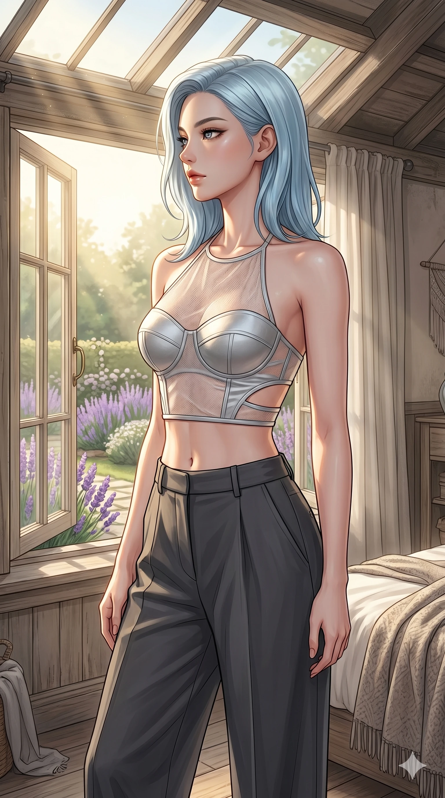 score_9, masterpiece, best quality, ultra-detailed, high-budget anime keyframe, editorial fashion photography, tasteful artistic composition, Korean woman. cowboy shot from the thighs up, character and outfit filling the frame for maximum editorial presence. posing with quiet magnetic self-assurance, her face turned in a sharp profile against the golden light inside a sun-washed private bedroom by a large open window overlooking a quiet lavender garden (Code-P106). She has an absolutely perfect 8-heads proportion, an exceptionally tall and slender female figure with impossibly long slender legs and an ultra-slim waist. V-shaped jawline, high-bridge nose, intricate jewel-like eyes with depth, thick eyelashes, glossy lips with a natural sheen. wearing a sheer mesh crop halter top over a structured silver bustier with side cutouts showing her midriff. drenched in soft morning sunbeams filtering through the glass roof, highlighting her delicate clavicle. 2k, ultra detail, master piece, 9:16 ratio