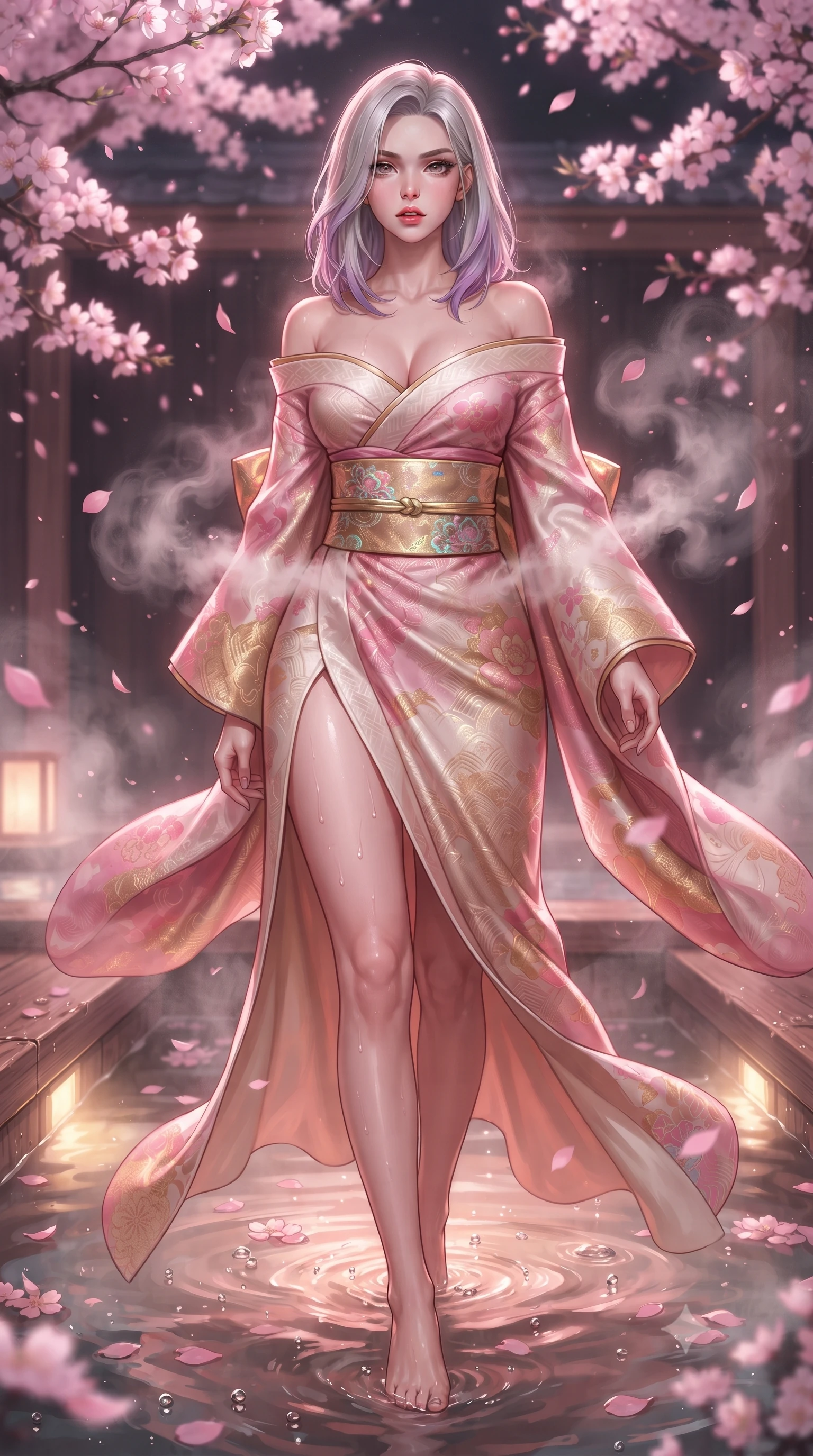 score_9, masterpiece, best quality, ultra-detailed, high-budget anime keyframe, editorial fashion photography, tasteful artistic composition, Caucasian woman. low angle full-body shot from head to toe showing her feet, filling the entire 9:16 vertical frame with her statuesque presence, stretching her vertical silhouette. striding forward in a proud supermodel runway stride, hips swaying in an alluring kinetic rhythm that accentuates her curvy hourglass silhouette while wading through the thermal mineral pool beneath falling pink sakura petals, arching her spine in pure pleasure as steam curls around her waist. The surrounding environment is rendered in vivid detail and crisp panoramic clarity. sharp wet hinoki wood grain, distinct water droplet tracks on skin, and delicate cherry blossom petals in deep focus. She has an absolutely perfect, statuesque 8.5-heads proportion, an exceptionally tall and slender model-like female figure with impossibly long slender legs, a toned flat midriff, an ultra-slim waist, and beautifully sculpted feminine hips. sharp v-shaped jawline, high-bridge nose, intricate jewel-like eyes with depth, thick eyelashes, glossy parted lips with a natural sheen, intensely captivating and seductive bedroom-eyes expression, flawlessly proportioned anatomical accuracy, strict slender model proportions, natural body alignment, perfectly sculpted long slender limbs, ultra-slim waistline, clean dynamic posture without body distortion. wearing a backless off-shoulder silk kimono gown with fluttering drapes and an ultra-high side slit in sakura blossom pink and warm ivory, woven from lightweight fluid silk brocade with woven gold thread, complemented by a wide metallic gold obi sash with holographic floral embroidery, the form-contouring material adhering flawlessly to her sculpted flat midriff and slender torso, emphasizing her long leg lines and perfectly proportioned willowy build. bathed in soft pink cherry blossom ambient glow and warm underwater mineral pool lights. ultra-reflective glossy finish, specular highlights, rich textural contrasts, high-contrast stereoscopic depth, volumetric dynamic lighting, 2k, ultra detail, master piece, 9:16 ratio