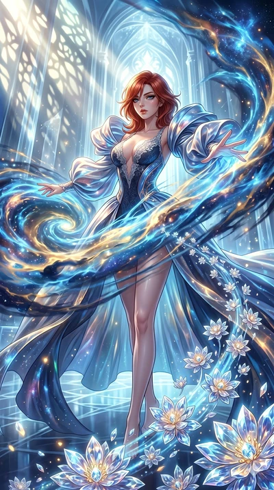 score_9, masterpiece, best quality, ultra-detailed, Set A: High-budget Anime Keyframe, Caucasian (human ears) woman. Low angle cowboy shot filling the entire 9:16 frame with her statuesque presence. Theme: Abstract Cosmic. unleashing a massive energy