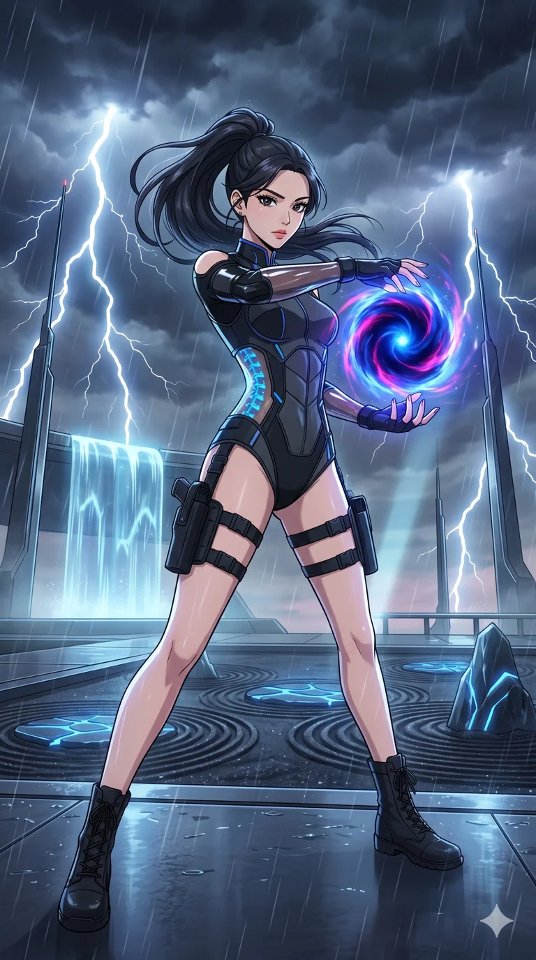 score_9, masterpiece, best quality, ultra-detailed, High-budget Anime Keyframe, vibrant colors, fluid line-art, expressive lighting, cinematic composition, Ufotable-style visual effects, top-tier animation quality, Korean woman with idol-like refined features. Dramatic low angle looking up at her majestic stature, dominating the vertical space of the composition. Charging a devastating energy blast between her palms during a fierce thunderstorm on a metallic plateau, lightning striking around her. She has an absolutely perfect 8-heads proportion, an exceptionally tall and slender female figure with impossibly long slender legs and an ultra-slim waist, her statuesque height and towering silhouette dominating the vertical 9:16 frame. Her face is a masterpiece featuring a sharp v-shaped jawline, high-bridge nose, intricate jewel-like eyes with depth, thick eyelashes, and glossy lips with a natural sheen. She is wearing a Sleek tactical leotard with thigh-high holsters, unzipped deeply to show her midriff crafted from Transparent PVC with a high-gloss finish that reveals the intricate layers beneath, boasting shoulder cut-outs and a glowing spinal interface visible through the back. The scene is set in a serene Zen garden with metallic sand, glowing stones, and a holographic waterfall, illuminated by volumetric light beams cutting through a hazy atmosphere, creating a sense of depth. 2k, ultra detail, master piece, 9:16 ratio