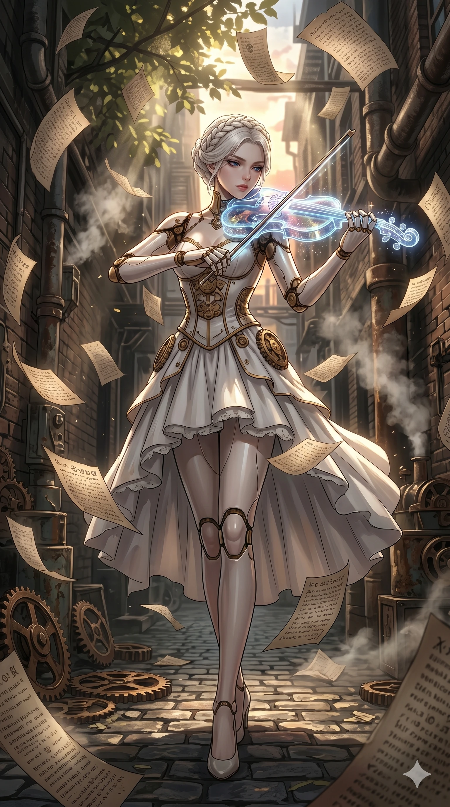 score_9, masterpiece, best quality, ultra-detailed, Set A: High-budget Anime Keyframe, Caucasian (human ears) woman. Low angle cowboy shot filling the entire 9:16 frame with her statuesque presence. Theme: Urban Decay. playing a holographic violin in a steampunk London alleyway, surrounded by a whirlwind of 263 floating ancient scrolls. The atmosphere is filled with cinematic sunlight through leaves. She has an absolutely perfect 8-heads proportion, an exceptionally tall and slender female figure with impossibly long slender legs and an ultra-slim waist. Sharp v-shaped jawline, high-bridge nose, intricate jewel-like eyes with depth, glossy lips. Wearing Mechanical doll outfit with visible brass joints and a delicate porcelain-white dress. Cinematic lighting, vivid colors, dramatic shadows, 2k, ultra detail, master piece, 9:16 ratio