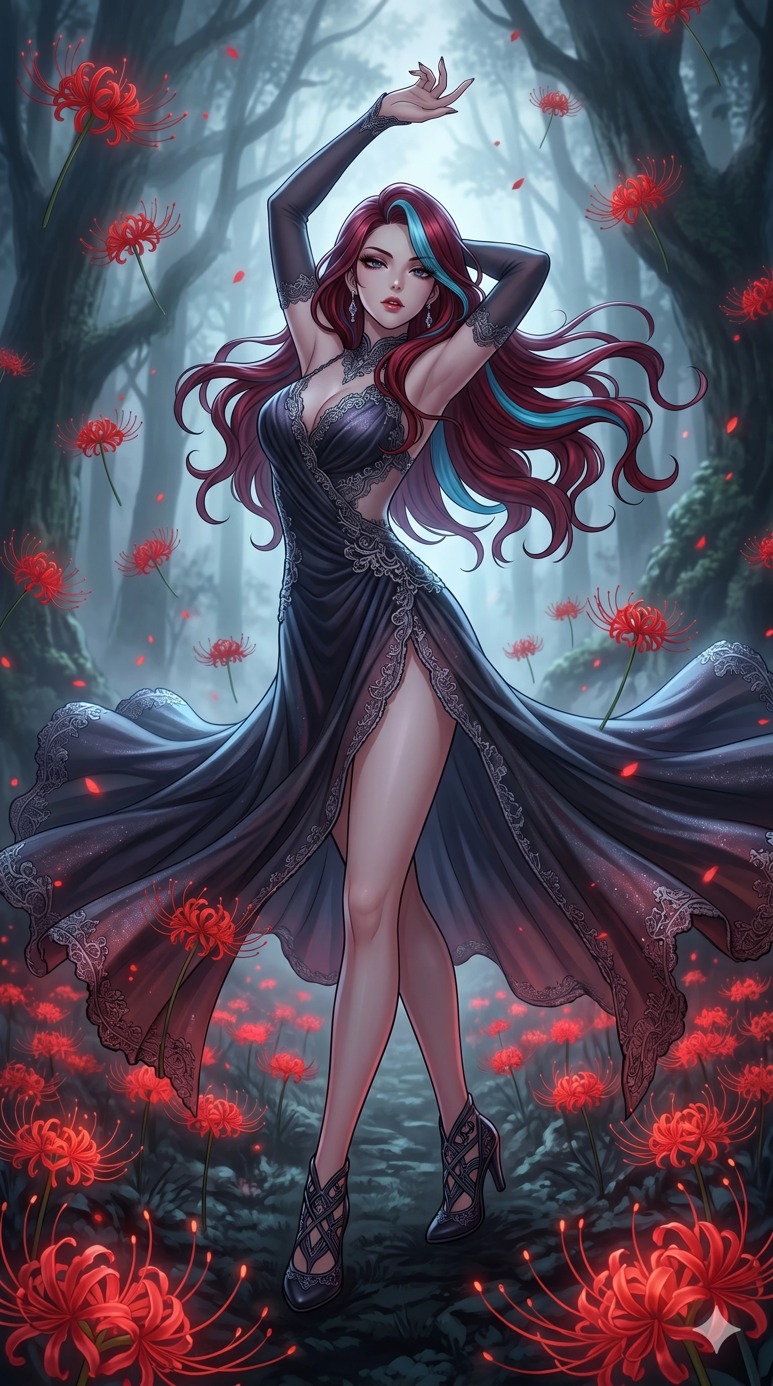 score_9, masterpiece, best quality, ultra-detailed, High-budget Anime Keyframe, East Asian woman. Low angle cowboy shot filling the entire 9:16 frame with her statuesque presence. Scenario 175: Dancing amidst falling red spider lilies in a misty dark forest. Her presence is magnetic and overpowering in this high-budget anime scene. Outfit 175: A shimmering chiffon bare with a thigh-high slit and delicate lace embroidery. The clothing is designed to emphasize her exceptionally tall and slender 8-heads proportion. 8-heads proportion, towering silhouette, ultra-slim waist. sharp v-shaped jawline, intricate jewel-like eyes with depth, thick eyelashes, glossy lips. 2k, ultra detail, master piece, 9:16 ratio