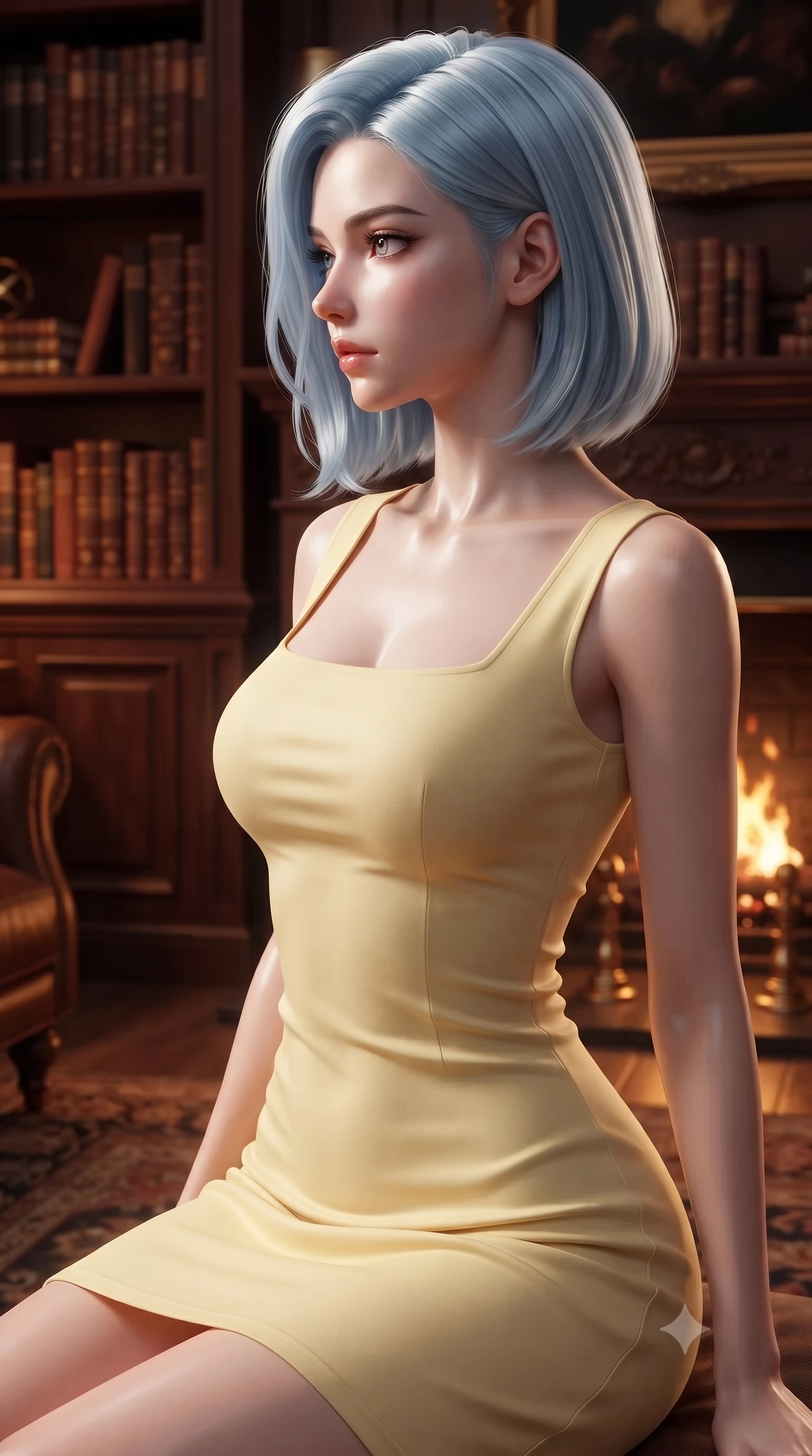 score_9, masterpiece, best quality, ultra-detailed, high-budget anime keyframe, editorial fashion photography, tasteful artistic composition, Korean woman. close-up cowboy shot from the waist and thighs up, the character dominates the composition, filling the frame with her large presence, background elements kept in soft focus. turning her face in sharp profile, casting a cold, mysterious, yet intensely alluring side gaze, the background shows a soft-focus a cozy personal study chamber lined with leather-bound books and a crackling fireplace. She has an exceptionally elegant, slender, and willowy female figure with an ultra-slim waist, a gracefully sculpted slender torso, and a refined silhouette. sharp v-shaped jawline, high-bridge nose, intricate jewel-like eyes with depth, thick eyelashes, glossy lips with a natural sheen. wearing a form-contouring casual summer sundress in pale yellow cotton with a simple square neckline. the warm orange flicker of the hearth fire casting intimate shadows on the rug. ultra-reflective glossy finish, specular highlights, metallic sheen, high-contrast stereoscopic depth, volumetric dynamic lighting, 2k, ultra detail, master piece, 9:16 ratio