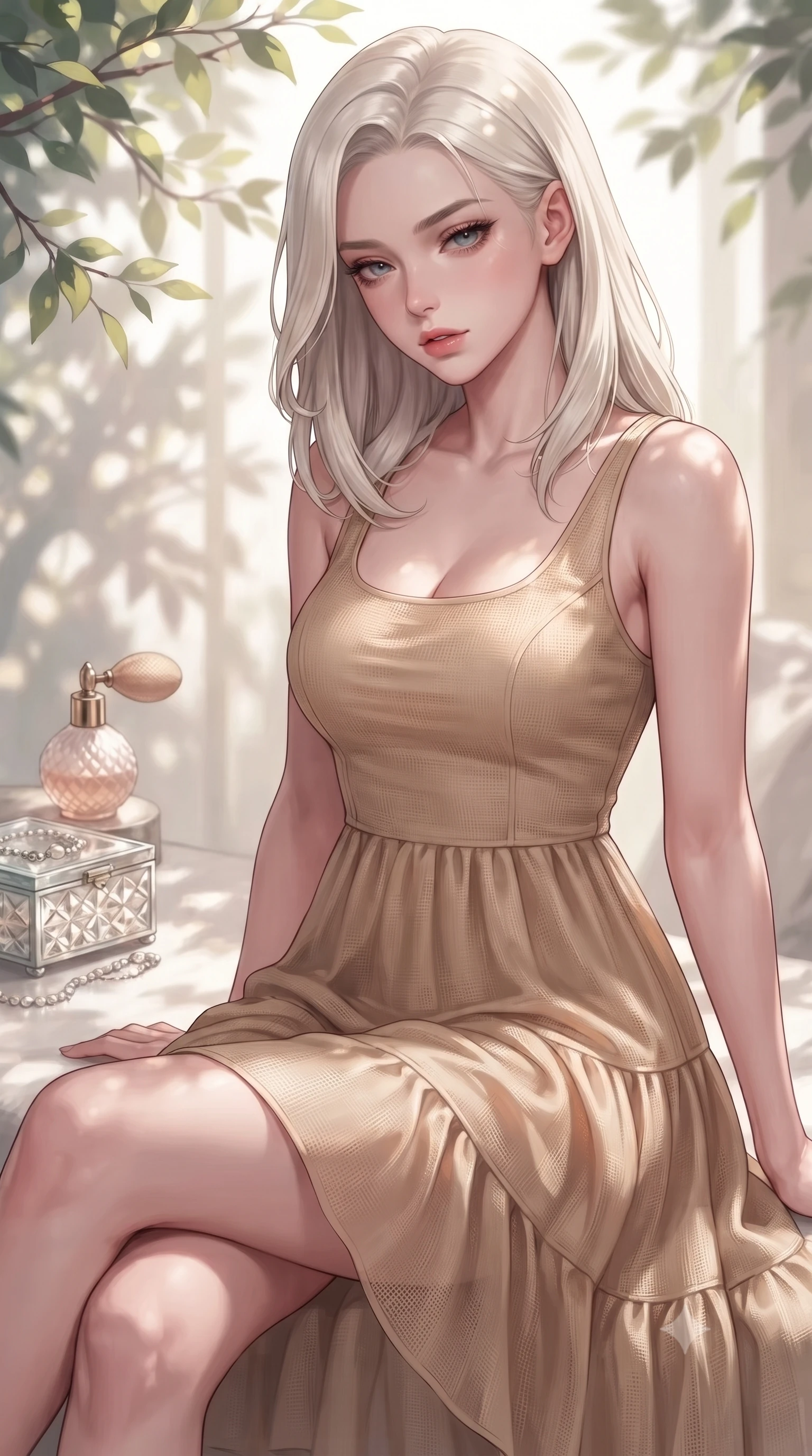 score_9, masterpiece, best quality, ultra-detailed, high-budget anime keyframe, editorial fashion photography, tasteful artistic composition, Caucasian woman. close-up cowboy shot from the waist and thighs up, the character dominates the composition, filling the frame with her large presence, background elements kept in soft focus. looking down at the viewer beneath lowered lashes with a quiet, smoldering confidence and parted lips set against a soft-focus background of inside an exclusive coastal veranda with a vintage perfume atomizer and crystal jewelry box reflecting soft light. She has an exceptionally elegant, slender, and willowy female figure with an ultra-slim waist, a gracefully sculpted slender torso, and a refined silhouette. sharp v-shaped jawline, high-bridge nose, intricate jewel-like eyes with depth, thick eyelashes, glossy lips with a natural sheen. wearing form-contouring warm beige contouring mesh flowy linen sundress with a comfortable tiered skirt silhouette featuring refined tailored seams. highlighted by dappled sunlight filtering through leafy branches, creating soft organic patterns. highly saturated vibrant anime colors, detailed shading with soft gradients, rich glossy textures, high-contrast stereoscopic depth, volumetric dynamic lighting, master piece, 9:16 ratio