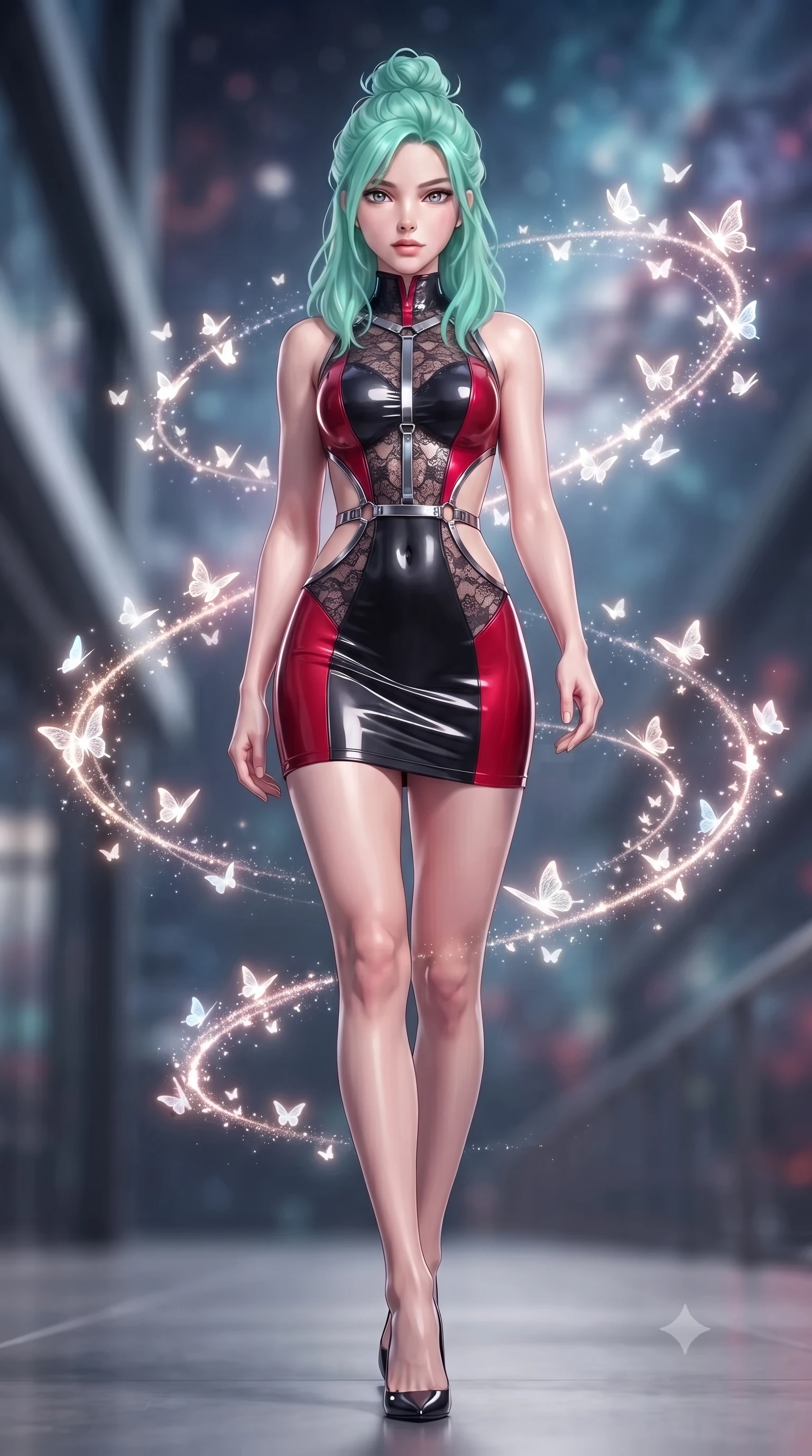 score_9, masterpiece, best quality, ultra-detailed, high-budget anime keyframe, editorial fashion photography, tasteful artistic composition, Japanese woman. low angle full-body shot from head to toe showing her feet, filling the entire 9:16 vertical frame with her statuesque presence, stretching her vertical silhouette. striding forward in a proud, statuesque motion with a dangerous smolder, her vertical silhouette dominating the frame from head to toe while surrounded by thousands of glowing digital butterflies that orbit her body in glittering spirals. The composition keeps background elements in soft focus with creamy bokeh. glowing butterfly flight paths creating soft luminous light trails across the backdrop. She has an absolutely perfect, statuesque 8.5-heads proportion, an exceptionally tall and slender model-like female figure with impossibly long slender legs and an ultra-slim waist. sharp v-shaped jawline, high-bridge nose, intricate jewel-like eyes with depth, thick eyelashes, glossy lips with a natural sheen, flawlessly proportioned anatomical accuracy, natural body alignment, perfectly sculpted elegant limbs, clean dynamic posture without body distortion. wearing a second-skin fashion-latex mini dress with a clean architectural front, featuring an open-back design that wraps around the sides of her waist, showcasing her slender silhouette in glossy obsidian black and radiant crimson red, crafted from delicate dark lace interwoven with luminescent micro-fibers, reinforced by a sleek metallic chrome harness and delicate glowing micro-straps, the liquid-tight fabric adhering flawlessly to her sculpted torso and slender silhouette. illuminated by sharp white front key lights and glowing cosmic rim highlights. ultra-reflective glossy finish, specular highlights, metallic sheen, high-contrast stereoscopic depth, volumetric dynamic lighting, 2k, ultra detail, master piece, 9:16 ratio