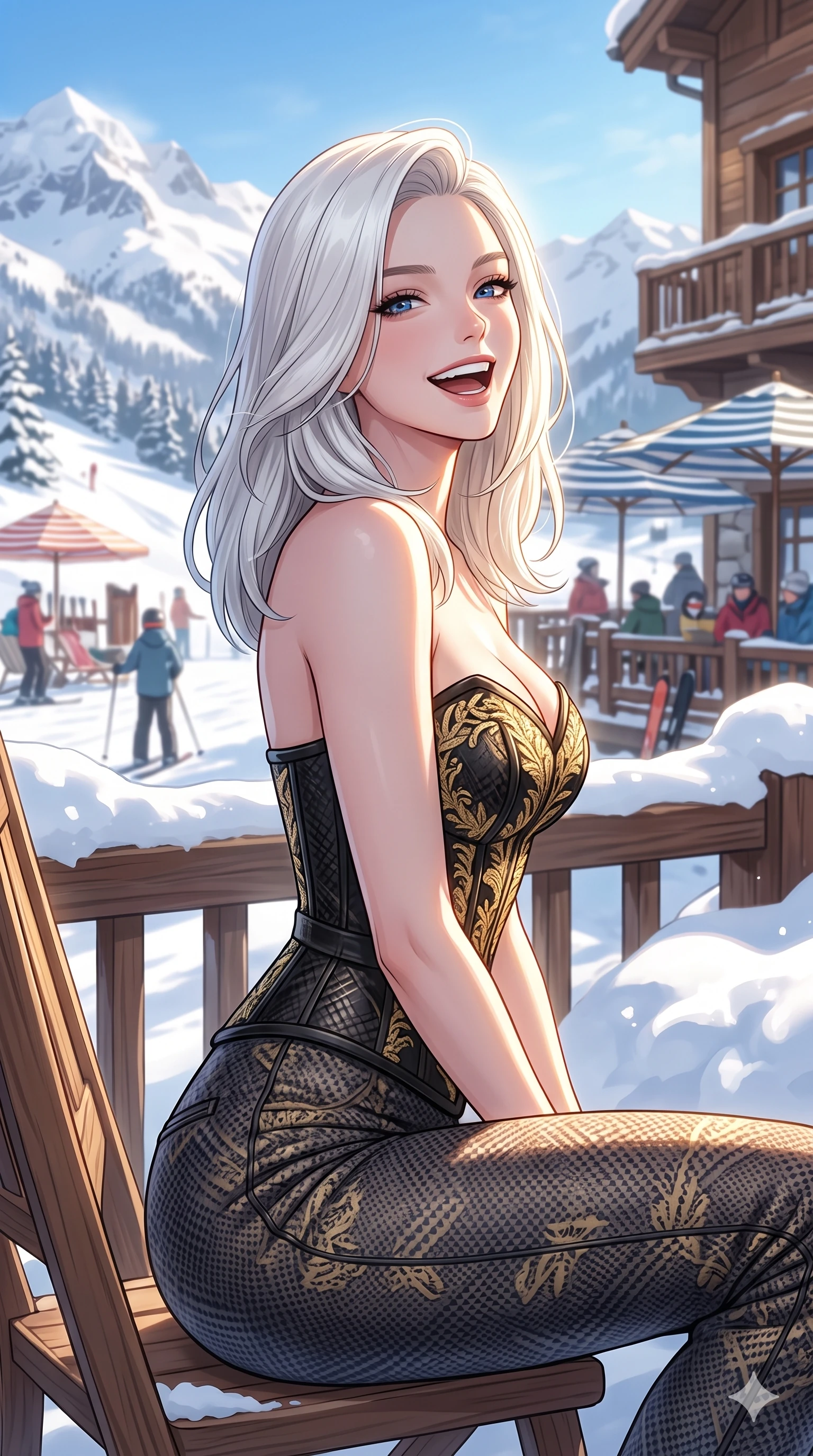 score_9, masterpiece, best quality, ultra-detailed, high-budget anime keyframe, vibrant anime aesthetic, Caucasian woman, strictly human ears. cowboy shot from the thighs up, character and outfit filling the frame for maximum presence. She is sitting on a chalet balcony chair, looking over her shoulder with a cheerful laugh by a ski club lounge under sun umbrellas in snow (Code-P21-199). She has an absolutely perfect 8-heads proportion, an exceptionally tall and slender female figure with impossibly long slender legs and an ultra-slim waist. V-shaped jawline, high-bridge nose, intricate jewel-like eyes with depth, thick eyelashes, glossy lips with a natural sheen. wearing a structured textured bodice with sweetheart neckline with a sweetheart neckline in the winter sun. She is illuminated by a brilliant winter sunbeam from the side, tracing the lines of her neck. 2k, ultra detail, master piece, 9:16 ratio