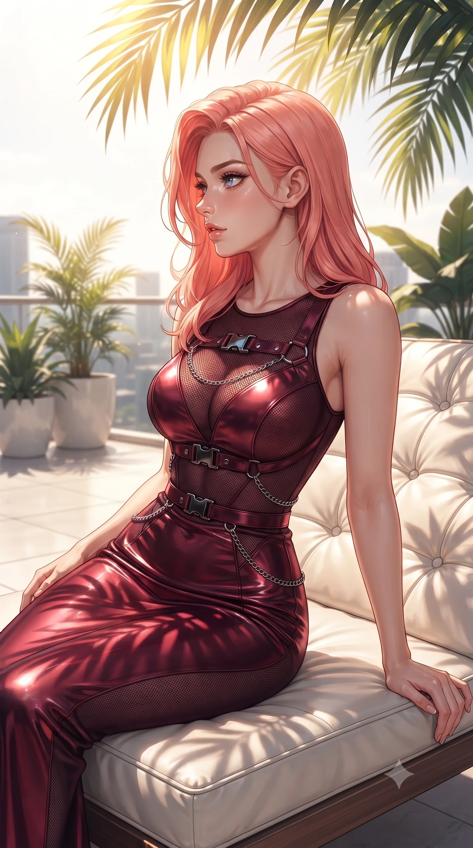 score_9, masterpiece, best quality, ultra-detailed, high-budget anime keyframe, editorial fashion photography, tasteful artistic composition, Japanese woman. close-up cowboy shot from the waist and thighs up, the character dominates the composition, filling the frame with her large presence, background elements kept in soft focus. Turning her face in sharp dramatic profile against the key light, lounging on a white leather sunbed on a high-floor penthouse terrace at midday, tropical palm frond shadows casting organic stencil patterns across her body. She has an exceptionally elegant, slender, and willowy female figure with an ultra-slim waist, a gracefully sculpted slender torso, and a refined silhouette. sharp v-shaped jawline, high-bridge nose, intricate jewel-like eyes with depth, thick eyelashes, glossy lips with a natural sheen. wearing fitted liquid mercury jersey maxi dress hugging every curve in deep crimson burgundy, made of fine dark contouring mesh, framed by dark titanium buckles and silver chain details, accentuating her gracefully sculpted slender torso. bathed in bright golden sunlight filtering through tropical palm fronds. ultra-reflective glossy finish, specular highlights, metallic sheen, high-contrast stereoscopic depth, volumetric dynamic lighting, 2k, ultra detail, master piece, 9:16 ratio