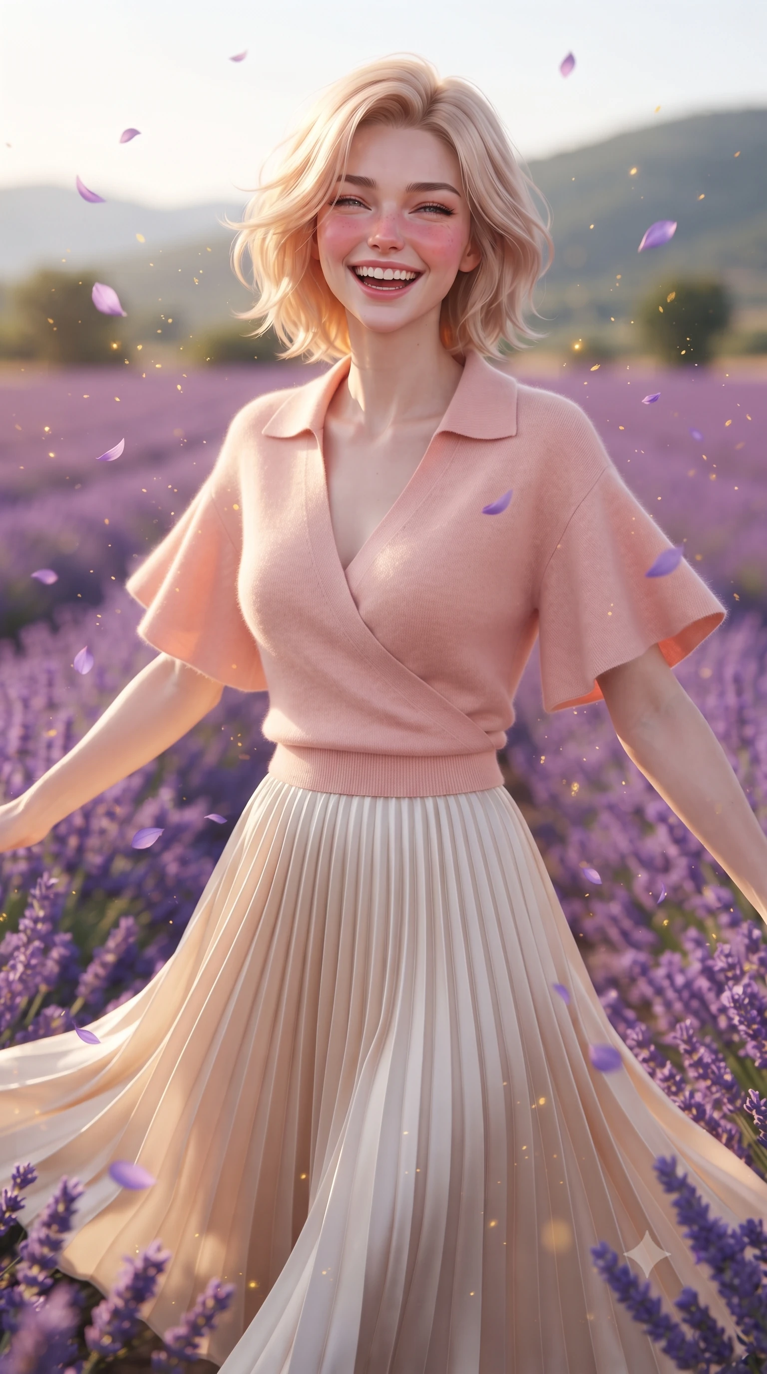 score_9, masterpiece, best quality, ultra-detailed, high-budget anime keyframe, editorial fashion photography, tasteful artistic composition, Caucasian woman. close-up cowboy shot from the waist and thighs up, the character dominates the composition, filling the frame with her large presence. laughing cheerfully with genuine delight, eyes crinkling sweetly as natural golden sunlight illuminates her glowing cheeks while twirling cheerfully between vibrant purple lavender ridges as delicate violet petals flutter in the air. The composition keeps background elements in soft focus with creamy bokeh. golden summer sunlight and floating lavender pollen grains scattering radiant light motes. She has an exceptionally elegant, slender, and willowy female figure with an ultra-slim waist, a gracefully sculpted slender torso, toned flat midriff, and a refined slim silhouette. sharp v-shaped jawline, high-bridge nose, intricate jewel-like eyes with depth, thick eyelashes, glossy lips with a natural sheen, pure and lovely fresh girlhood expression, flawlessly proportioned anatomical accuracy, strict slender model proportions, natural body alignment, perfectly sculpted long slender limbs, ultra-slim waistline, clean dynamic posture without body distortion. wearing an elegant soft cashmere wrap sweater paired with a flowing pleated satin midi skirt in warm peach blossom pink and champagne ivory, made of comfortable premium stretch denim and airy cotton-jersey, featuring elegant flutter sleeves and a graceful open collar, the relaxed yet flattering fit accentuating her naturally graceful and slender figure, highlighting her youthful charm and lovely silhouette. illuminated by bright sunny Mediterranean light with soft specular highlights tracing her slender curves. ultra-reflective glossy finish, specular highlights, rich natural textures, high-contrast stereoscopic depth, volumetric dynamic lighting, 2k, ultra detail, master piece, 9:16 ratio