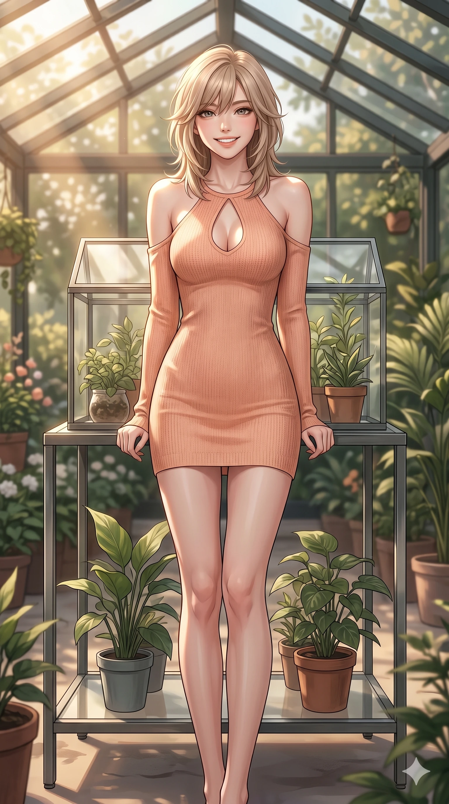 score_9, masterpiece, best quality, ultra-detailed, high-budget anime keyframe, editorial fashion photography, tasteful artistic composition, Japanese woman. cowboy shot from the thighs up, character and outfit filling the frame for maximum editorial presence. looking at the camera with a bright, cheerful smile, her shoulders relaxed leaning against a glass terrarium stand in a sunny garden pavilion. She has an absolutely perfect 8-heads proportion, an exceptionally tall and slender female figure with impossibly long slender legs and an ultra-slim waist. V-shaped jawline, high-bridge nose, intricate jewel-like eyes with depth, thick eyelashes, glossy lips with a natural sheen. wearing a peach-colored knit dress with an elegant keyhole cutout and bare shoulders. drenched in warm sunbeams filtering through the roof, creating soft highlights on her collarbone. 2k, ultra detail, master piece, 9:16 ratio