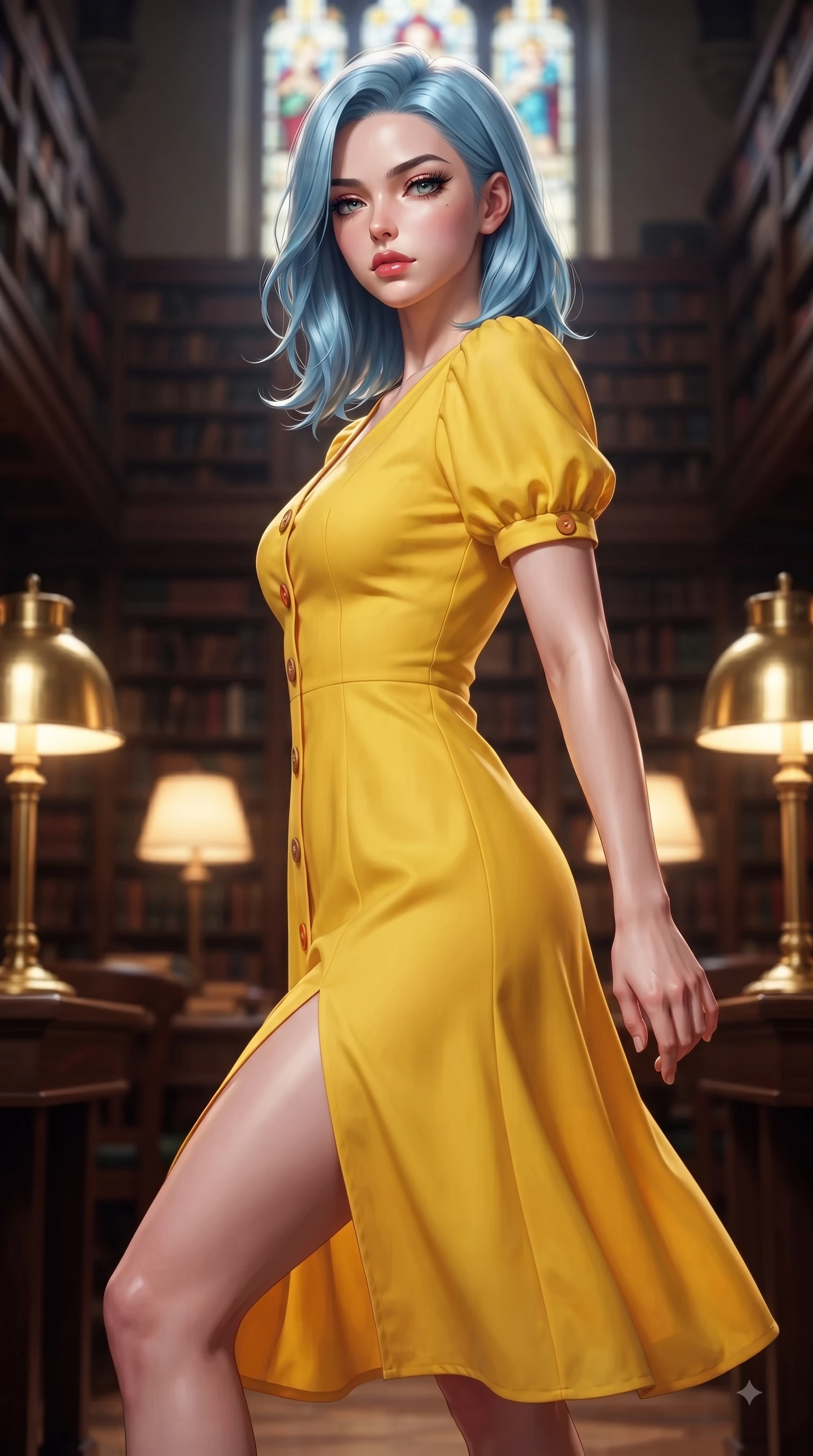 score_9, masterpiece, best quality, ultra-detailed, high-budget anime keyframe, editorial fashion photography, tasteful artistic composition, Korean woman. close-up cowboy shot from the waist and thighs up, the character dominates the composition, filling the frame with her large presence. Indifferent cold glance casting a disdainful side-eye from beneath long dark eyelashes with aloof confidence while pivoting dynamically in a multi-story book hall flanked by golden brass lamps. The composition keeps background elements in soft focus with dreamy bokeh. stained glass windows and glowing desk lamps softened in quiet, atmospheric focus. She has an exceptionally elegant, slender, and willowy female figure with an ultra-slim waist, a gracefully sculpted slender torso, and a refined silhouette. sharp v-shaped jawline, high-bridge nose, intricate jewel-like eyes with depth, thick eyelashes, glossy lips with a natural sheen, flawlessly proportioned anatomical accuracy, natural body alignment, perfectly sculpted elegant limbs, clean dynamic posture without body distortion. wearing a bright canary yellow cotton sundress with short puff sleeves and wooden buttons in burnt orange and warm camel beige, woven from fine lightweight chiffon fluttering gracefully, finished with a sleek side slit ascending to mid-thigh, the tailored fit highlighting her statuesque and model-like silhouette. surrounded by an intelligent, noble, and classic editorial atmosphere. ultra-reflective glossy finish, specular highlights, metallic sheen, high-contrast stereoscopic depth, volumetric dynamic lighting, 2k, ultra detail, master piece, 9:16 ratio