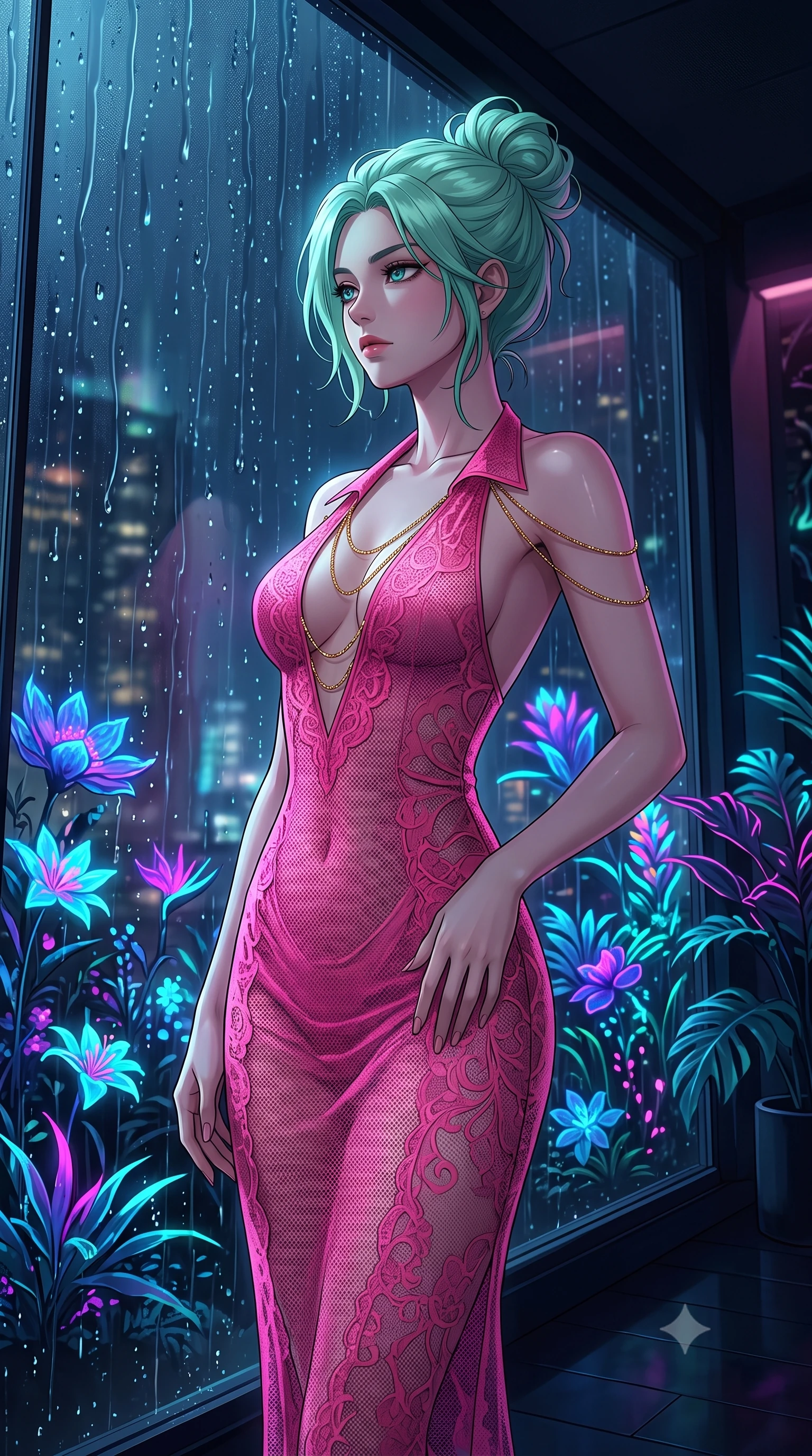 score_9, masterpiece, best quality, ultra-detailed, High-budget Anime Keyframe, East Asian woman. Low angle cowboy shot filling the entire 9:16 frame with her statuesque presence. Scenario 456: looking out at the rain through a wet glass window near a virtual garden where neon flowers bloom in the dark. Her presence is magnetic and overpowering in this high-budget anime scene. Outfit 456: a slim-fit hot pink micro-mesh lace slip dress featuring an elegant plunging collar and fine gold chains. The clothing is designed to emphasize her exceptionally tall and slender 8-heads proportion. 8-heads proportion, towering silhouette, ultra-slim waist. sharp v-shaped jawline, intricate jewel-like eyes with depth, thick eyelashes, glossy lips. 2k, ultra detail, master piece, 9:16 ratio