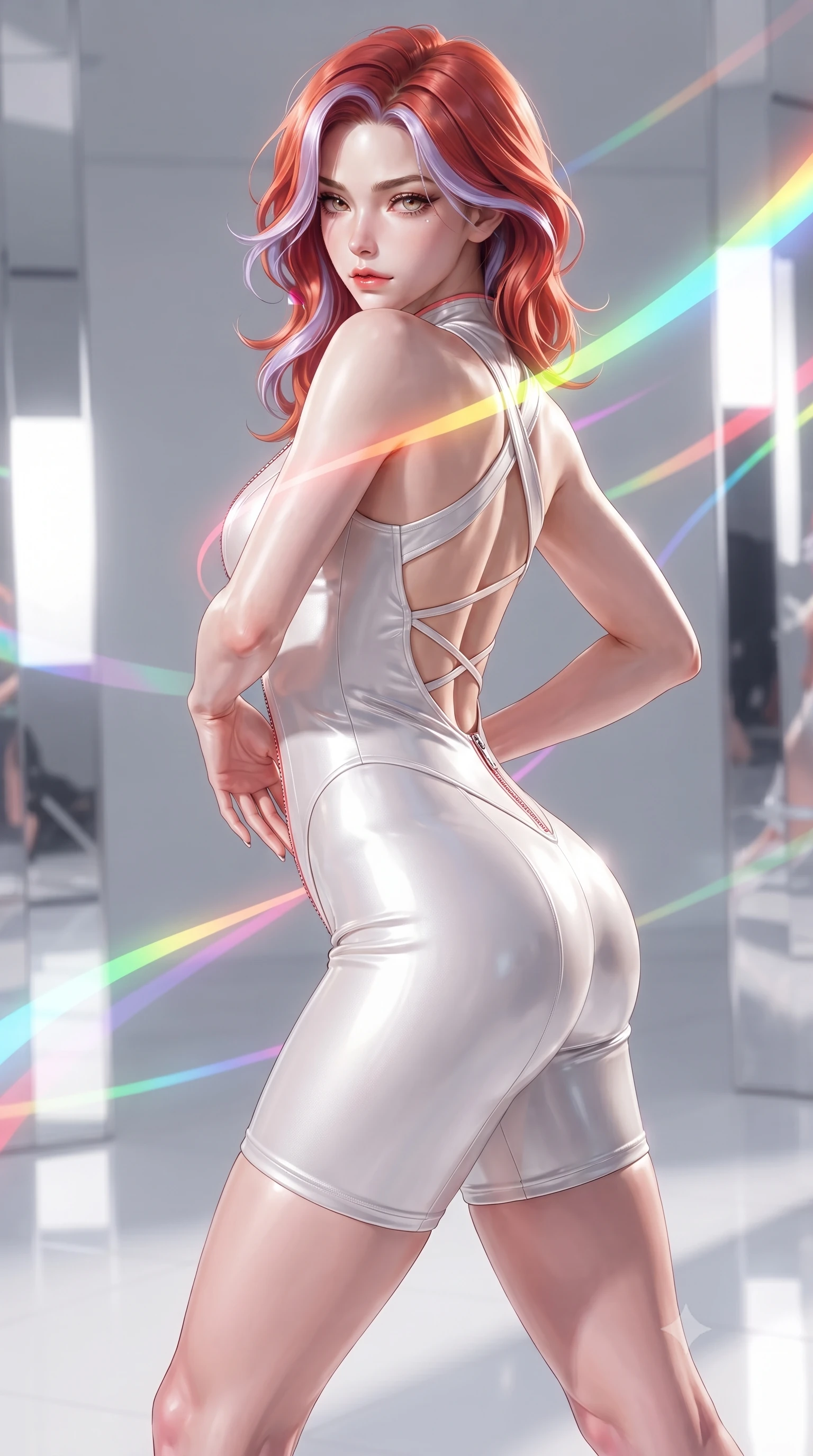score_9, masterpiece, best quality, ultra-detailed, high-budget anime keyframe, editorial fashion photography, tasteful artistic composition, Caucasian woman. close-up cowboy shot from the waist and thighs up, the character dominates the composition, filling the frame with her large presence. twisting her upper body in a dynamic S-curve with an alluring smolder, one hand trailing along her slender waist while pivoting dynamically on a white epoxy floor as vibrant spectrum light bands wrap around her slender figure. The surrounding environment is rendered in vivid detail and crisp panoramic clarity. vivid high-saturation spectrum colors and high-key white daylight rendered with environmental sharpness. She has an exceptionally elegant, slender, and willowy female figure with an ultra-slim waist, a gracefully sculpted slender torso, toned flat midriff, and a refined slim silhouette. sharp v-shaped jawline, high-bridge nose, intricate jewel-like eyes with depth, thick eyelashes, glossy lips with a natural sheen, flawlessly proportioned anatomical accuracy, strict slender model proportions, natural body alignment, perfectly sculpted long slender limbs, ultra-slim waistline, clean dynamic posture without body distortion. wearing a glossy white second-skin latex bodysuit with high-thigh cuts, exposed clavicle neckline, and gleaming zipper details in radiant coral pink and champagne ivory, made of liquid metal jersey that clings flawlessly to every contour of her build, complemented by criss-cross back straps highlighting her completely bare spine, the liquid-tight tailored fabric emphasizing every curve of her tall, slender model proportions and sculptured silhouette during dynamic movement. illuminated by high-contrast specular reflections on crystal and polished surfaces. ultra-reflective glossy finish, specular highlights, metallic sheen, high-contrast stereoscopic depth, volumetric dynamic lighting, 2k, ultra detail, master piece, 9:16 ratio