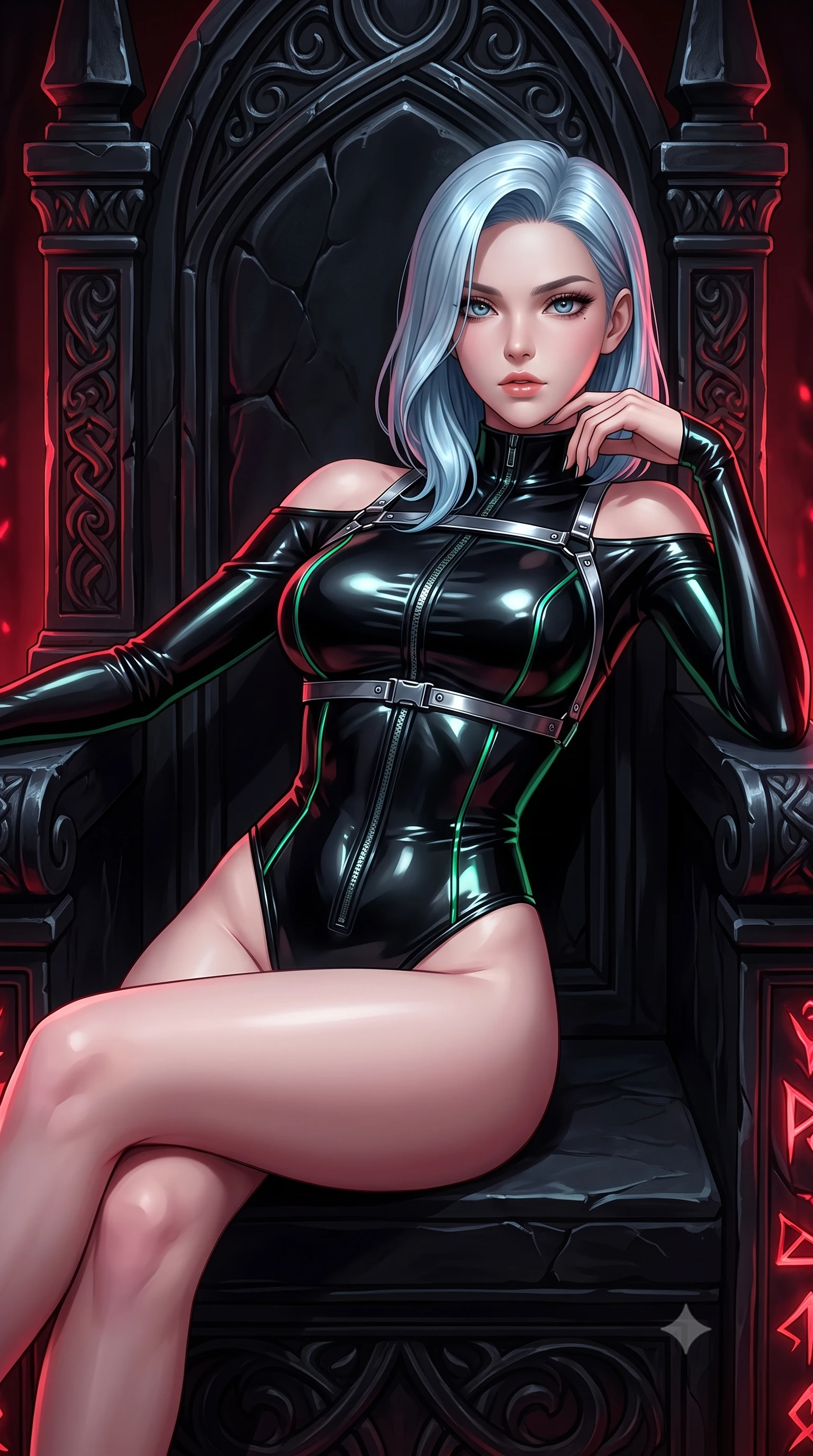 score_9, masterpiece, best quality, ultra-detailed, high-budget anime keyframe, semi-realistic 3D game render, editorial fashion photography, tasteful artistic composition, Korean woman. close-up cowboy shot from the waist and thighs up, the character dominates the composition, filling the frame with her large presence. gazing directly into the lens with bedroom eyes and a breathtaking, dangerous allure that commands the entire dark composition while reclining seductively across an imposing throne carved from solid black obsidian in a subterranean dungeon sanctuary. The surrounding environment is rendered in vivid detail and crisp panoramic clarity. intense dark chiaroscuro and ancient subterranean throne architecture rendered with precision. She has an exceptionally elegant, slender, and willowy female figure with an ultra-slim waist, a gracefully sculpted slender torso, toned flat midriff, and a refined slim silhouette. sharp v-shaped jawline, high-bridge nose, intricate jewel-like eyes with depth, thick eyelashes, glossy lips with a natural sheen, flawlessly proportioned anatomical accuracy, strict slender model proportions, natural body alignment, perfectly sculpted long slender limbs, ultra-slim waistline, clean dynamic posture without body distortion. wearing a glossy black second-skin latex bodysuit with high-thigh cuts, exposed clavicle neckline, and gleaming dark zipper details in high-gloss lacquer black and electric emerald highlights, made of liquid metal jersey that clings flawlessly to every contour of her build, reinforced by a sleek metallic chrome harness and delicate dark glowing micro-straps, the glove-like aerodynamic second-skin fit tightly clinging to her ultra-slender waist and athletic curves without adding bulk, accentuating her razor-sharp statuesque lines and slim hourglass silhouette. bathed in glowing crimson rune uplights and deep obsidian shadow contrast. rich saturated anime colors with deep moody shadows, detailed chiaroscuro shading with soft gradients, rich glossy textures, high-contrast stereoscopic depth, volumetric dynamic shadow lighting, master piece, 9:16 ratio