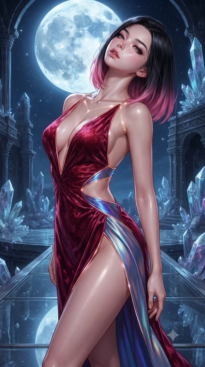 score_9, masterpiece, best quality, ultra-detailed, high-budget anime keyframe, editorial fashion photography, tasteful artistic composition, Korean woman. close-up cowboy shot from the waist and thighs up, the character dominates the composition, fi