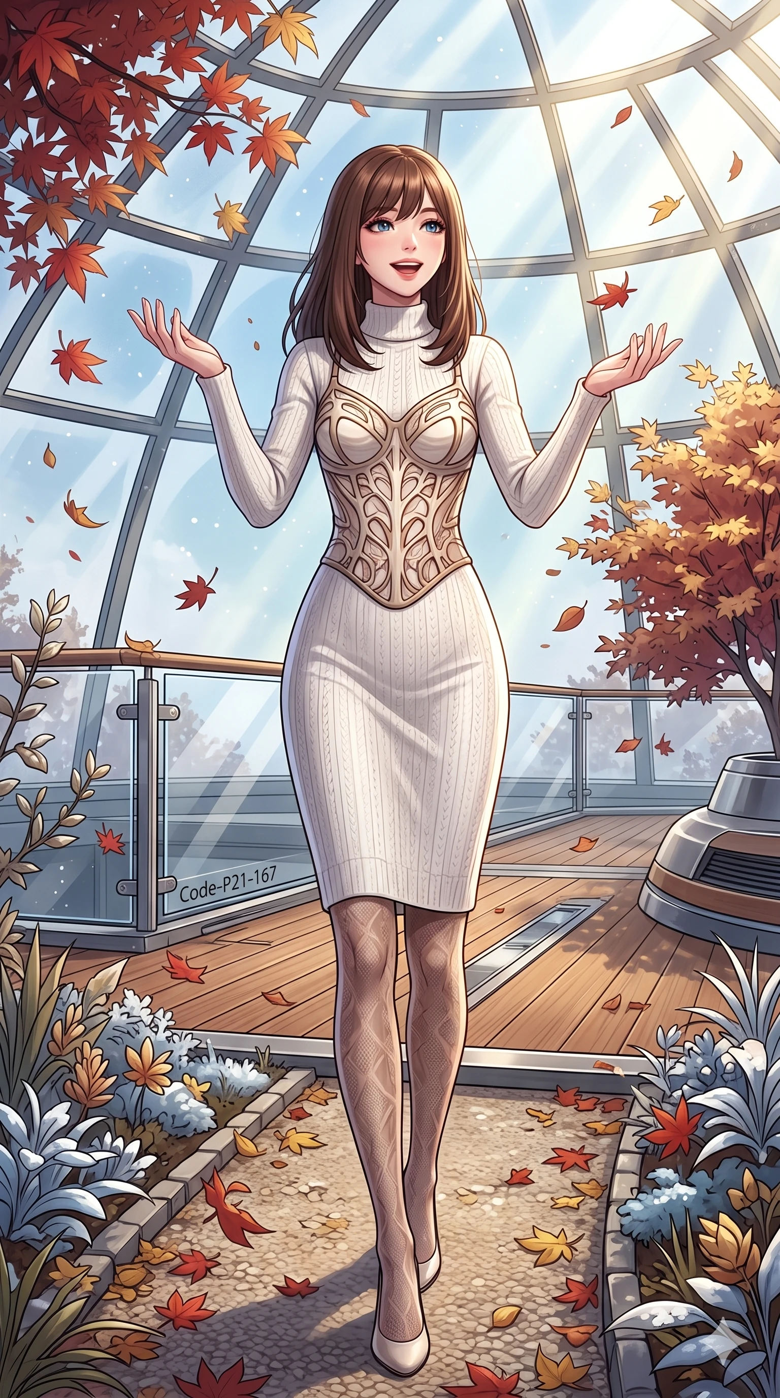score_9, masterpiece, best quality, ultra-detailed, high-budget anime keyframe, vibrant anime aesthetic, Korean woman. cowboy shot from the thighs up, character and outfit filling the frame for maximum presence. She is standing in a garden path, smiling delightfully as maples fall around her in winter on the deck of a sleek catamaran in the winter morning (Code-P21-167). She has an absolutely perfect 8-heads proportion, an exceptionally tall and slender female figure with impossibly long slender legs and an ultra-slim waist. V-shaped jawline, high-bridge nose, intricate jewel-like eyes with depth, thick eyelashes, glossy lips with a natural sheen. wearing a semi-opaque structured bodice over a white textured knit slip dress in winter. She is illuminated by dramatic, volumetric sunlight streaming through a glass atrium dome. 2k, ultra detail, master piece, 9:16 ratio