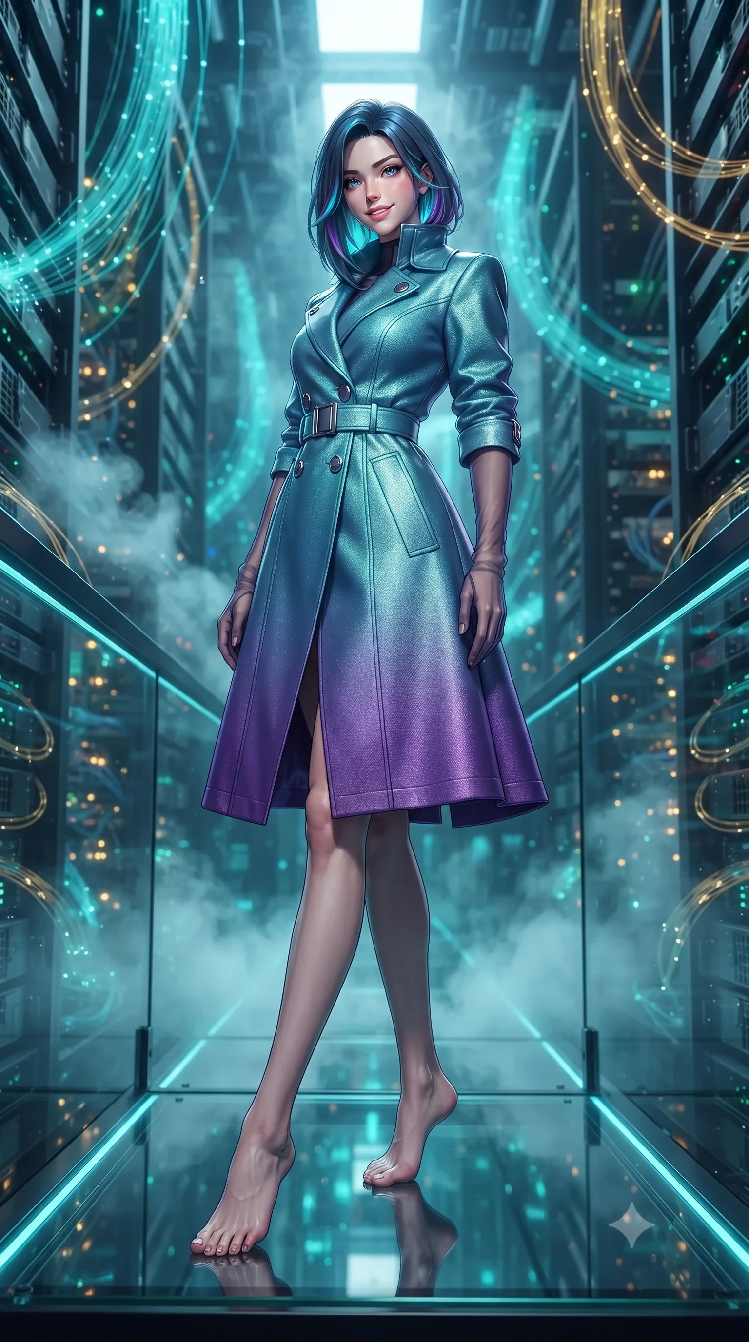 score_9, masterpiece, best quality, ultra-detailed, high-budget anime keyframe, editorial fashion photography, tasteful artistic composition, Caucasian woman. low angle full-body shot from head to toe showing her feet, filling the entire 9:16 vertical frame with her statuesque presence, stretching her vertical silhouette. reclining gracefully across the plush chaise lounge with one leg extended, her sculpted silhouette and flat midriff radiating magnetic nocturnal glamour while standing poised along the suspended glass gantry between towering quantum computing monoliths, arching her lower back as cascading fiber-optic data pulses shimmer. The background shows a soft-focus infinite vertical server racks pulsing with turquoise and gold fiber optics, swirling cryogenic mist, and distant cooling turbines blurred into sapphire, emerald, and topaz bokeh. She has an exceptionally tall and slender model-like 8.5-heads proportion, an ultra-slim waist, a flat toned midriff, narrow delicate ribcage, and beautifully sculpted feminine hips creating a graceful, slim hourglass silhouette without any bulky heaviness, with impossibly long slender legs. sharp v-shaped jawline, high-bridge nose, intricate jewel-like sparkling eyes with depth, thick eyelashes, glossy parted lips with a natural peach sheen, bright cheerful beaming smile with an enchanting and coquettish sensual glint, exuding both youthful cute charm and seductive allure, flawlessly proportioned anatomical accuracy, strict slender model proportions, natural body alignment, perfectly sculpted long slender limbs, ultra-slim waistline, clean dynamic posture without body distortion. wearing a tailored high-collar cyberpunk tech-trench coat with magnetic buckle closures and wide storm flaps in Cheonggyecheon neon aqua and ultraviolet amethyst, tailored from high-density tech-wool with subtle metallic thread weave, complemented by sheer opera-length evening gloves tracing her slender arms, the bespoke structured tailoring following the natural line of her 8.5-heads silhouette with refined elegance. illuminated by glass gantry reflection bounce and sharp laser-cyan rim lights defining her razor-sharp jawline, narrow waist, and curvy hips. ultra-reflective glossy finish, specular highlights, rich textural contrasts, high-contrast stereoscopic depth, volumetric dynamic lighting, 2k, ultra detail, master piece, 9:16 ratio