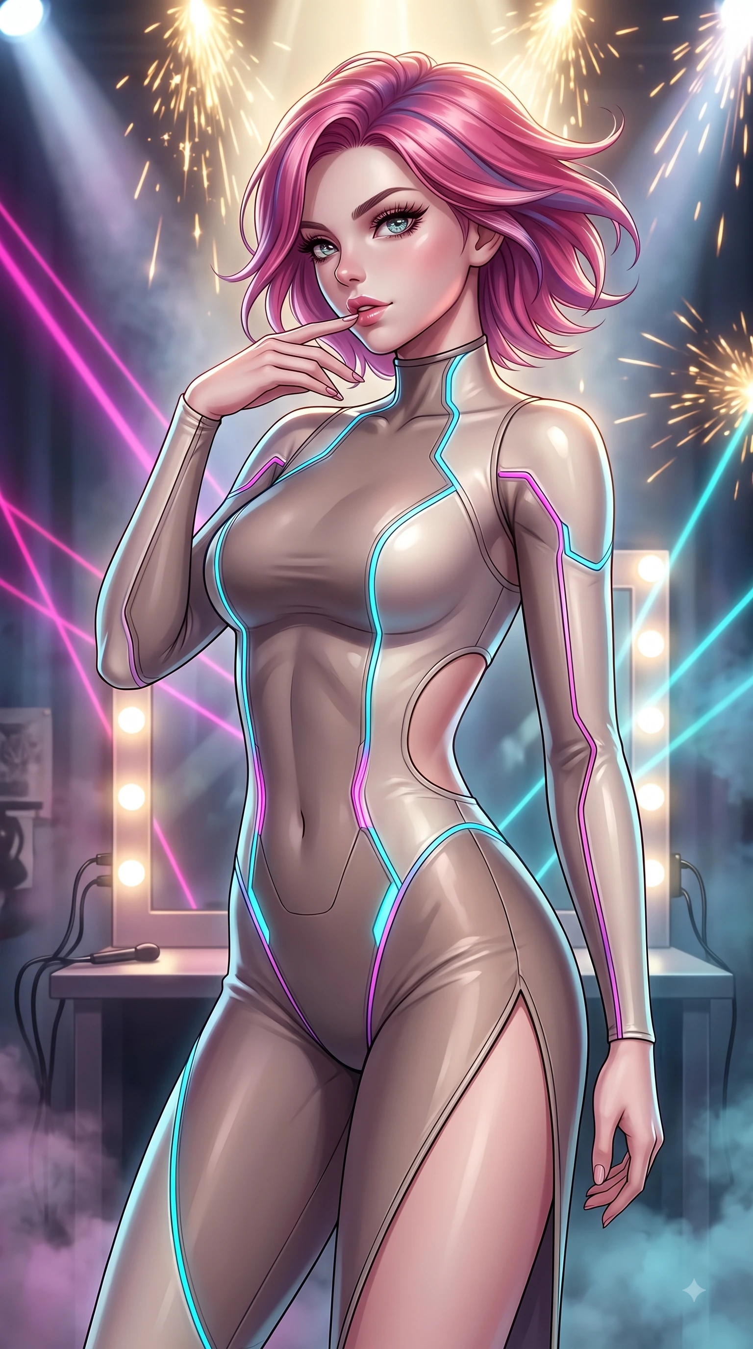 score_9, masterpiece, best quality, ultra-detailed, high-budget anime keyframe, editorial fashion photography, tasteful artistic composition, Caucasian woman. close-up cowboy shot from the waist and thighs up, the character dominates the composition, filling the frame with her large presence, background elements kept in soft focus. Resting two fingers near her glossy lips, casting a sharp mysterious side-gaze during her dynamic motion while resting near a glowing vanity mirror backstage as stage lights trace her contoured waist, intense volumetric laser beams cutting through stage fog in magenta and cyan. She has an exceptionally elegant, slender, and willowy female figure with an ultra-slim waist, a gracefully sculpted slender torso, and a refined silhouette. sharp v-shaped jawline, high-bridge nose, intricate jewel-like eyes with depth, thick eyelashes, glossy lips with a natural sheen, flawlessly proportioned anatomical accuracy, natural body alignment, perfectly sculpted elegant limbs, clean dynamic posture without body distortion. wearing a skin-tight cybernetic bodysuit with glowing neon seams and side cutouts in muted taupe and soft ivory, formed from sleek second-skin neoprene, finished with a sleek side slit ascending to mid-thigh, the tailored fabric tightly following every curve of her athletic build. illuminated by golden spark explosions and high-contrast concert lighting. highly saturated vibrant anime colors, detailed shading with soft gradients, rich glossy textures, high-contrast stereoscopic depth, volumetric dynamic lighting, master piece, 9:16 ratio