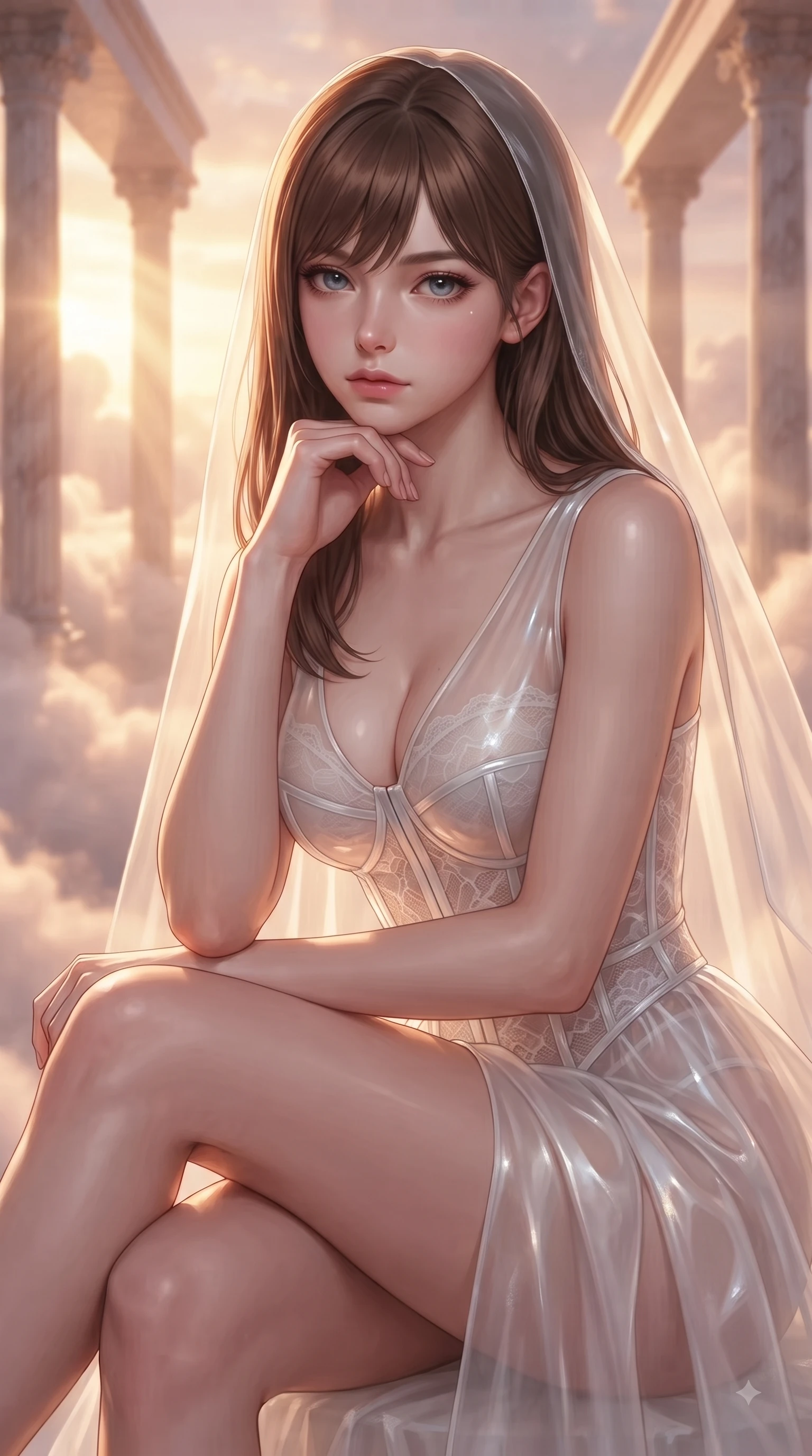 score_9, masterpiece, best quality, ultra-detailed, high-budget anime keyframe, editorial fashion photography, tasteful artistic composition, Korean woman woman. close-up cowboy shot from the waist and thighs up, the character dominates the composition, filling the frame with her large presence, background elements kept in soft focus. She has an exceptionally elegant, slender, and willowy female figure with an ultra-slim waist, a gracefully sculpted slender torso, and a refined silhouette. resting her chin on the back of her fingers in a thoughtful and effortless pose, flawlessly proportioned anatomical accuracy, natural body alignment, perfectly sculpted elegant limbs, clean dynamic posture without body distortion. set against a soft-focus background of a rose-gold floating cloud sanctuary with marble colonnades. wearing a translucent white organdy veil dress with an architectural structured corset and lace panels. bathed in warm sunset sunbeams slicing through misty cloud drapes with a golden rim light. ultra-reflective glossy finish, specular highlights, metallic sheen, high-contrast stereoscopic depth, volumetric dynamic lighting, 2k, ultra detail, master piece, 9:16 ratio
