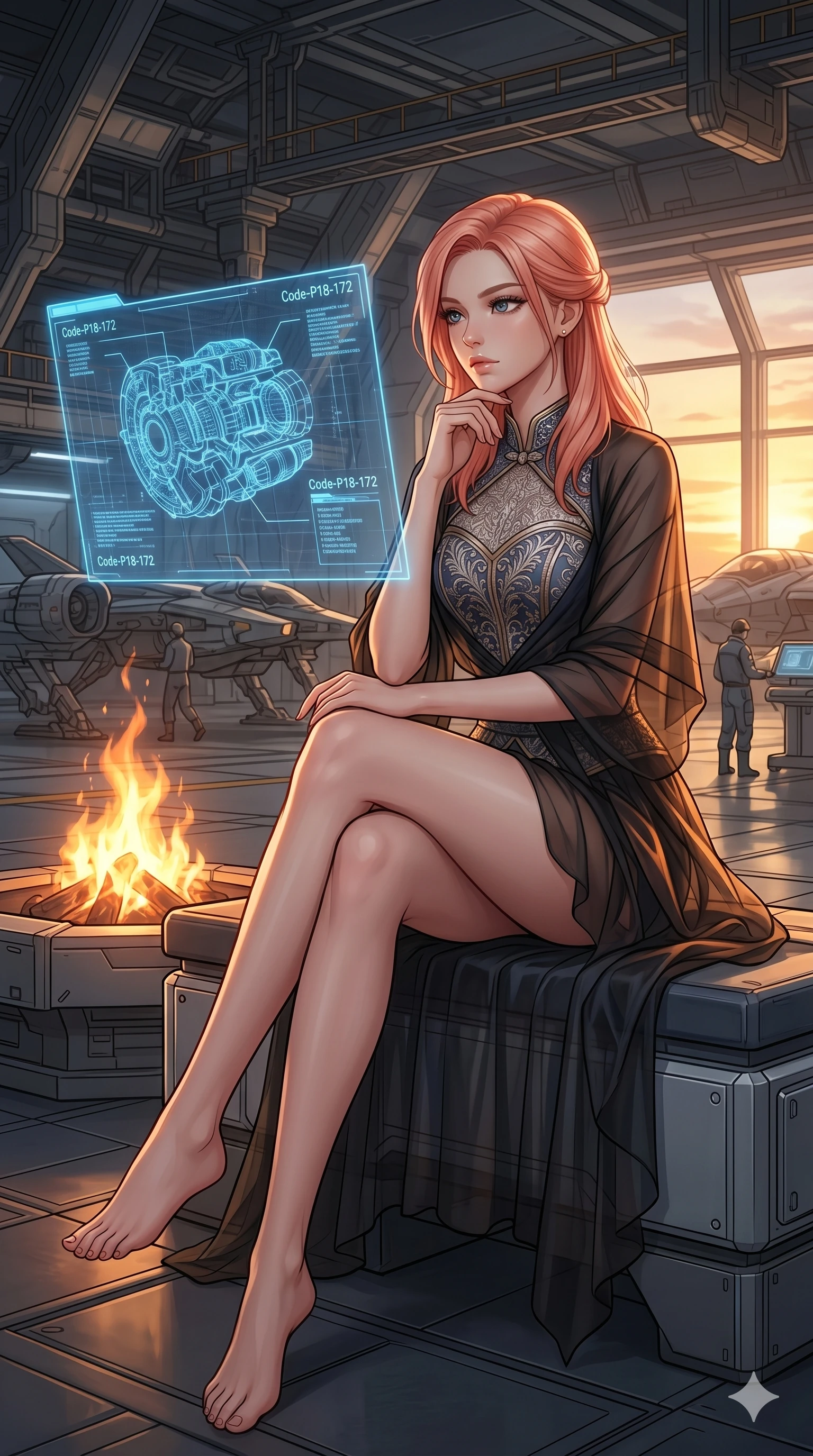 score_9, masterpiece, best quality, ultra-detailed, high-budget anime keyframe, editorial fashion photography, tasteful artistic composition, Japanese woman. cowboy shot from the thighs up, character and outfit filling the frame for maximum editorial presence. sitting near the fire, resting her chin on her hand in a high-tech hangar bay with a holographic blueprint of a cybernetic engine (Code-P18-172). She has an absolutely perfect 8-heads proportion, an exceptionally tall and slender female figure with impossibly long slender legs and an ultra-slim waist. V-shaped jawline, high-bridge nose, intricate jewel-like eyes with depth, thick eyelashes, glossy lips with a natural sheen. wearing a fine patterned embroidery structured bodice top paired with a translucent wrap. dramatic chiaroscuro lighting from the setting sun, accentuating her statuesque height. 2k, ultra detail, master piece, 9:16 ratio