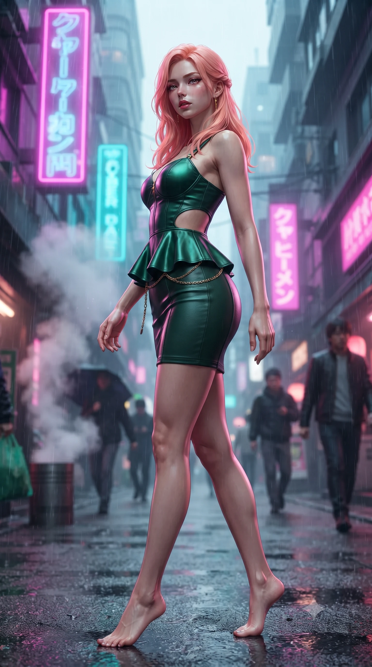 score_9, masterpiece, best quality, ultra-detailed, high-budget anime keyframe, editorial fashion photography, tasteful artistic composition, Japanese woman. low angle full-body shot from head to toe showing her feet, filling the entire 9:16 vertical frame with her statuesque presence, stretching her vertical silhouette. posing with back turned slightly to the lens, glancing back with smoldering allure as she arches her lower back to emphasize her sculpted feminine hips and slender waist while striding through the narrow rain-slicked cyber-canyon packed with cascading holographic neon banners, arching her back with sovereign supermodel poise as steam rises from street vents. The composition keeps background elements in soft focus with creamy bokeh. steaming street grates and passing cyberpunk transit pedestrians softened in moody Tokyo shallow focus. She has an exceptionally tall and slender model-like 8.5-heads proportion, an ultra-slim waist, a flat toned midriff, narrow delicate ribcage, and beautifully sculpted feminine hips creating a graceful, slim hourglass silhouette without any bulky heaviness, with impossibly long slender legs. sharp v-shaped jawline, high-bridge nose, intricate jewel-like eyes with depth, thick eyelashes, glossy parted lips with a natural sheen, intensely captivating and seductive bedroom-eyes expression, flawlessly proportioned anatomical accuracy, strict slender model proportions, natural body alignment, perfectly sculpted long slender limbs, ultra-slim waistline, clean dynamic posture without body distortion. wearing a modern peplum corset dress with side-waist diamond cutouts and an ultra-tight silhouette in deep emerald green satin and gold hardware, formed from supple second-skin lambskin leather with specular sheen, accented with a delicate gold chain belt resting loosely on her curvy hips, the form-contouring material adhering flawlessly to her sculpted flat midriff and slender torso, emphasizing her long leg lines and perfectly proportioned willowy build. bathed in vivid electric magenta and laser cyan neon underlights contrasting with rain-soaked shadow tones. ultra-reflective glossy finish, specular highlights, rich textural contrasts, high-contrast stereoscopic depth, volumetric dynamic lighting, 2k, ultra detail, master piece, 9:16 ratio