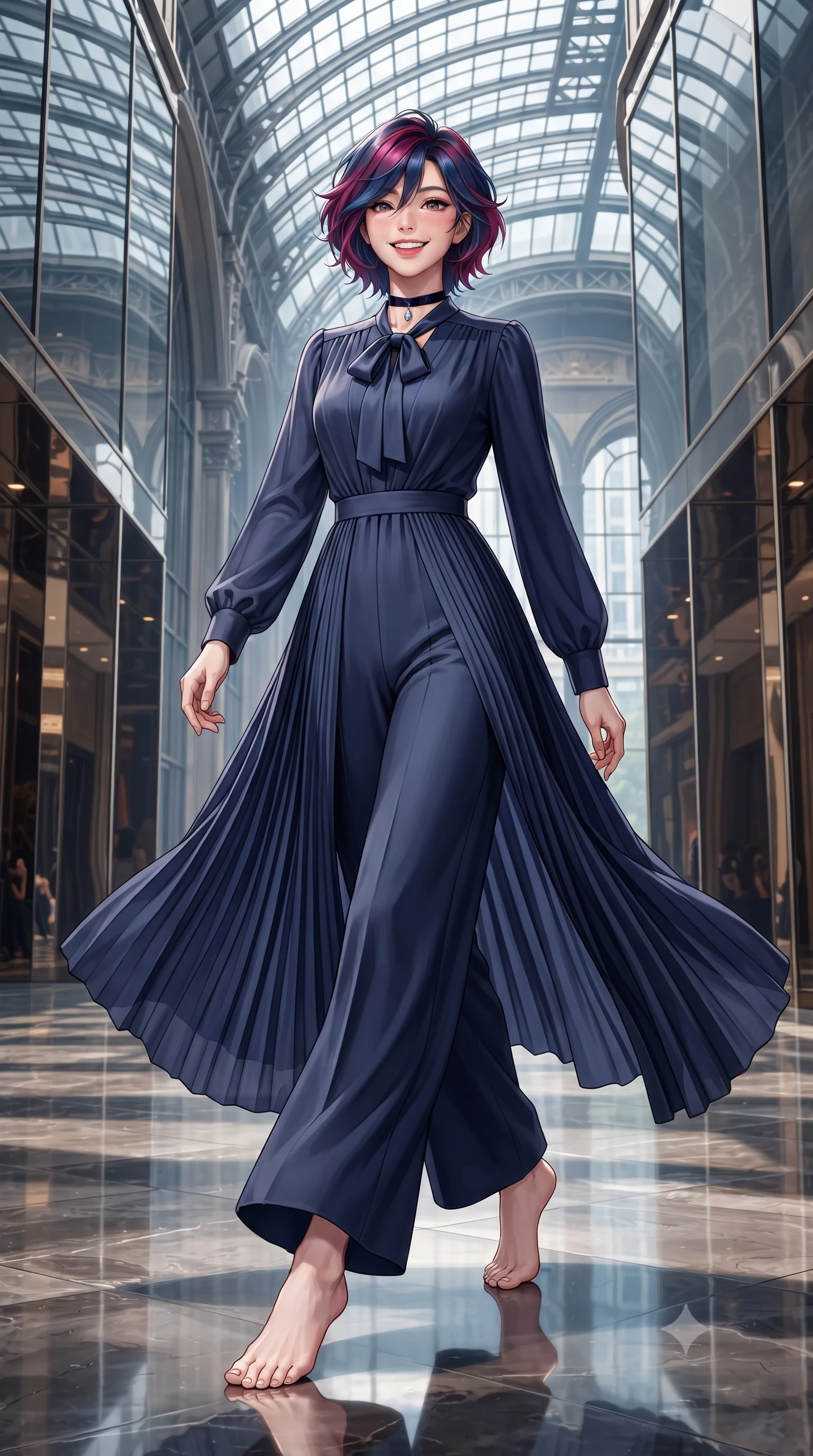 score_9, masterpiece, best quality, ultra-detailed, high-budget anime keyframe, editorial fashion photography, tasteful artistic composition, Korean woman. low angle full-body shot from head to toe showing her feet, filling the entire 9:16 vertical frame with her statuesque presence, stretching her vertical silhouette. stepping forward in a confident stride, her long slender legs and curvaceous hips creating a dynamic, sweeping vertical line while sitting perched gracefully on the sculptured velvet chaise with legs crossed, running one manicured hand slowly down her collarbone with magnetic poise. The surrounding environment is rendered in vivid detail and crisp panoramic clarity: detailed garment lines, bodycon fit, and monumental engineering in high resolution. She has an exceptionally tall and slender model-like 8.5-heads proportion, an ultra-slim waist, a flat toned midriff, narrow delicate ribcage, and beautifully sculpted feminine hips creating a graceful, slim hourglass silhouette without any bulky heaviness, with impossibly long slender legs. sharp v-shaped jawline, high-bridge nose, intricate jewel-like sparkling eyes with depth, thick eyelashes, glossy parted lips with a natural peach sheen, bright cheerful beaming smile with an enchanting and coquettish sensual glint, exuding both youthful cute charm and seductive allure, flawlessly proportioned anatomical accuracy, strict slender model proportions, natural body alignment, perfectly sculpted long slender limbs, ultra-slim waistline, clean dynamic posture without body distortion. wearing a refined long-sleeve silk georgette palazzo jumpsuit with pleated overlay skirt and modest neck bow in Vltava misty twilight cobalt and polished brass, crafted from bespoke double-faced cashmere with an exceptionally soft tactile finish, finished with a thin velvet ribbon choker and a single teardrop diamond pendant, the bespoke structured tailoring following the natural line of her 8.5-heads silhouette with refined elegance. illuminated by glass reflection bounce and sharp platinum-gold rim lights sculpting her razor-sharp jawline, narrow waist, and curvy hips. ultra-reflective glossy finish, specular highlights, rich textural contrasts, high-contrast stereoscopic depth, volumetric dynamic lighting, 2k, ultra detail, master piece, 9:16 ratio