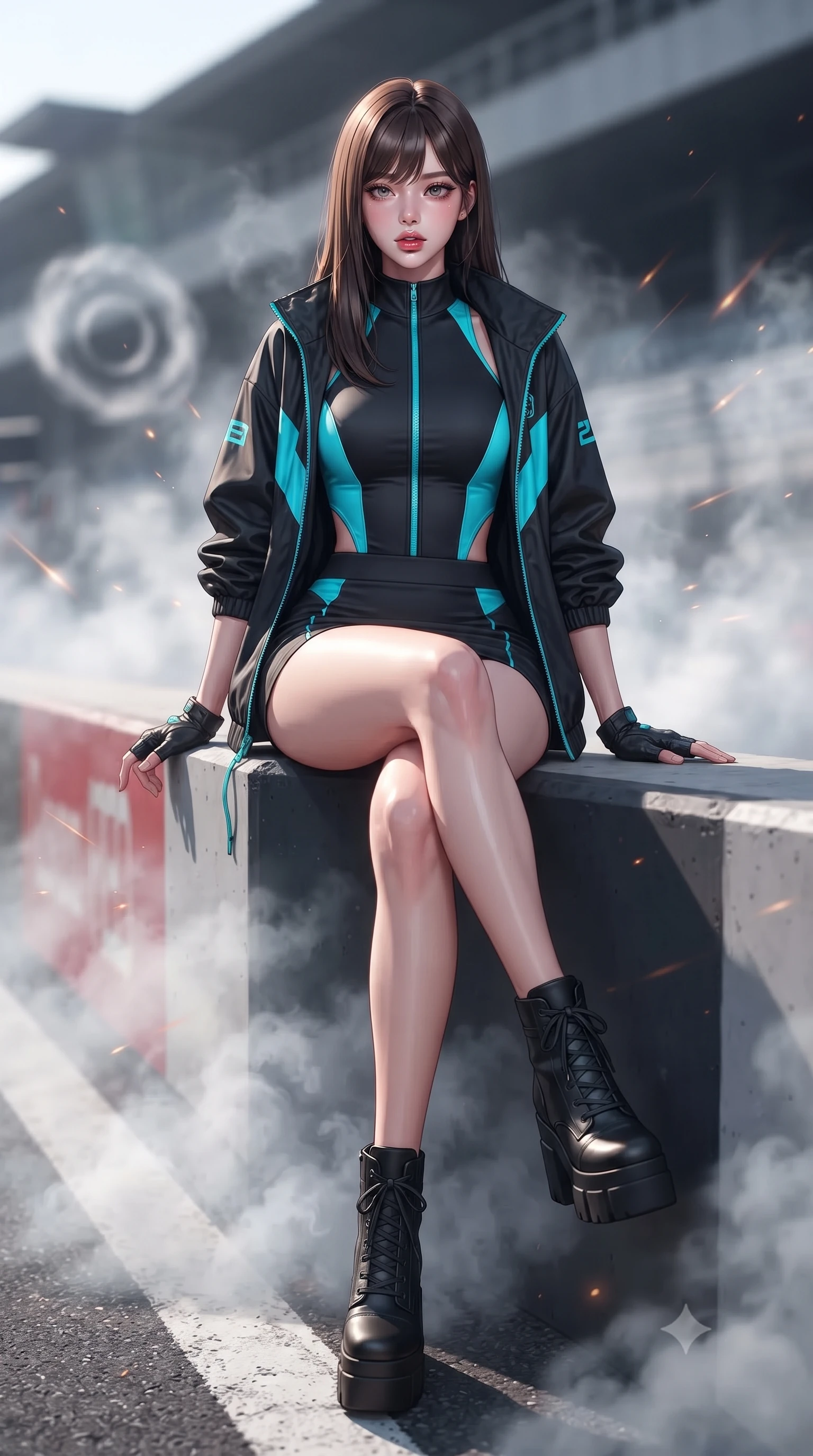 score_9, masterpiece, best quality, ultra-detailed, high-budget anime keyframe, editorial fashion photography, tasteful artistic composition, Korean woman. low angle full-body shot from head to toe showing her feet, filling the entire 9:16 vertical frame with her statuesque presence, stretching her vertical silhouette. sitting poised on the elevated edge with legs crossed and extended, her tall 8.5-heads proportions dominating the scene with effortless poise while stepping forward with proud runway strides amidst rising tire smoke, her statuesque vertical presence commanding the frame. The composition keeps background elements in soft focus with creamy bokeh. swirling smoke rings and burning rubber particulate catching laser beam motes across the circuit. She has an absolutely perfect, statuesque 8.5-heads proportion, an exceptionally tall and slender model-like female figure with impossibly long slender legs, a toned flat midriff, and an ultra-slim waist. sharp v-shaped jawline, high-bridge nose, intricate jewel-like eyes with depth, thick eyelashes, glossy parted lips with a natural sheen, intensely captivating and seductive expression, flawlessly proportioned anatomical accuracy, strict slender model proportions, natural body alignment, perfectly sculpted long slender limbs, ultra-slim waistline, clean dynamic posture without body distortion. wearing a sporty high-cut racerback bodysuit paired with an open technical windbreaker and micro-skirt in carbon matte black and neon electric cyan, made of durable ripstop technical nylon with metallic zipper teeth, accessorized with bold platform racing boots and fingerless leather gloves, the sleek tactical cut tightly hugging her graceful clavicle, narrow waist, and athletic curves with statuesque precision. illuminated by crisp directional rim lighting sharply defining her razor-sharp jawline and feminine curves. ultra-reflective glossy finish, specular highlights, rich textural contrasts, high-contrast stereoscopic depth, volumetric dynamic lighting, 2k, ultra detail, master piece, 9:16 ratio